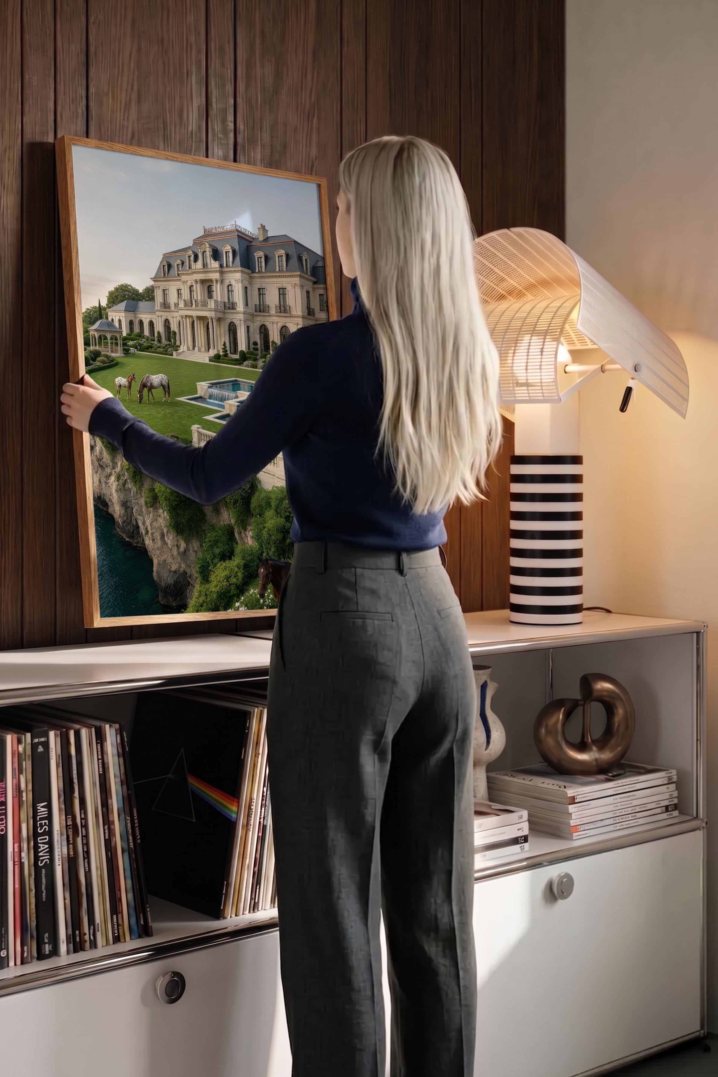 Köşk ve Atlar Posteri, Ahşap Çerçeveli Poster, Old Money Serisi, NO:113135