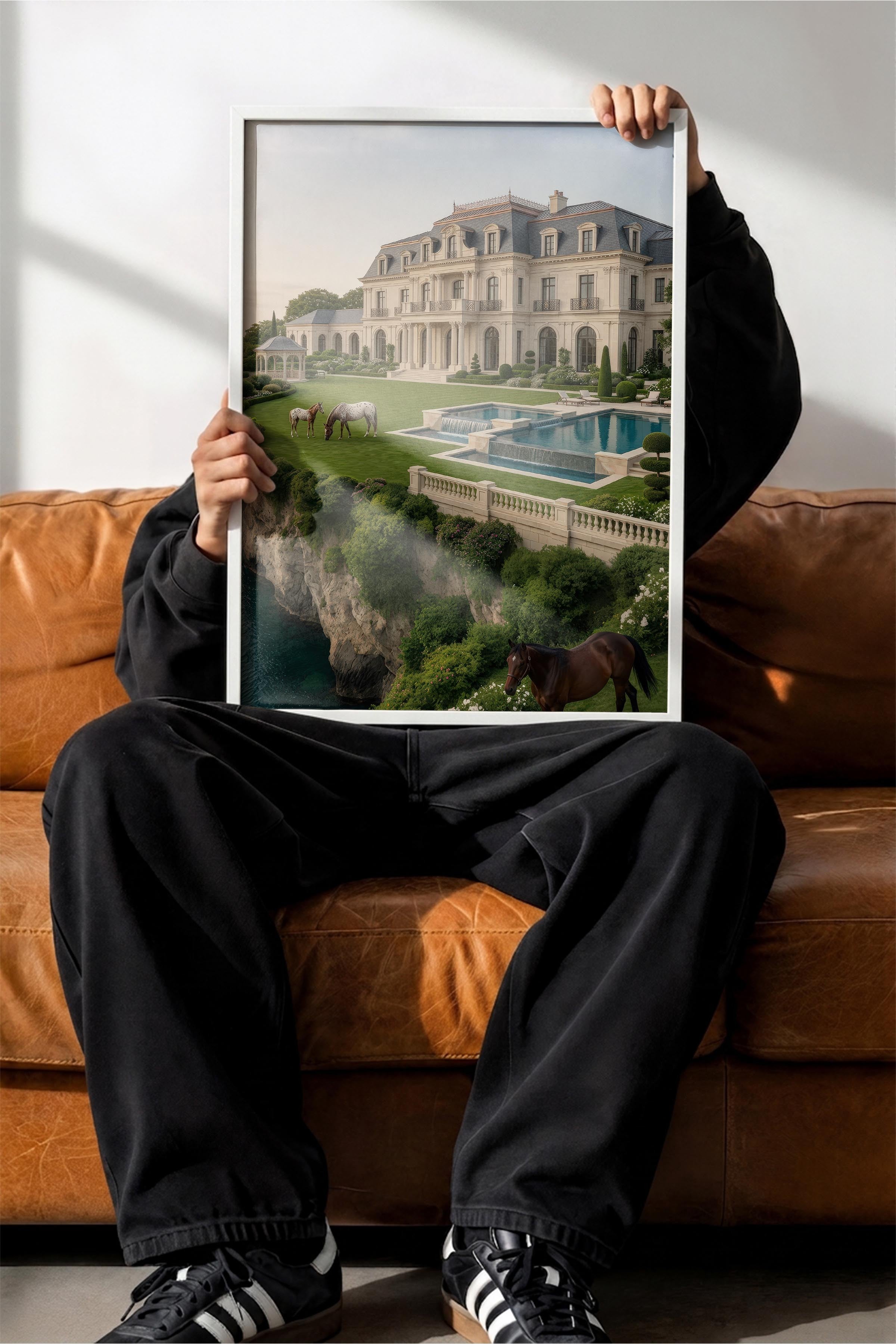 Köşk ve Atlar Posteri, Beyaz Çerçeveli Poster, Old Money Serisi, NO:113135