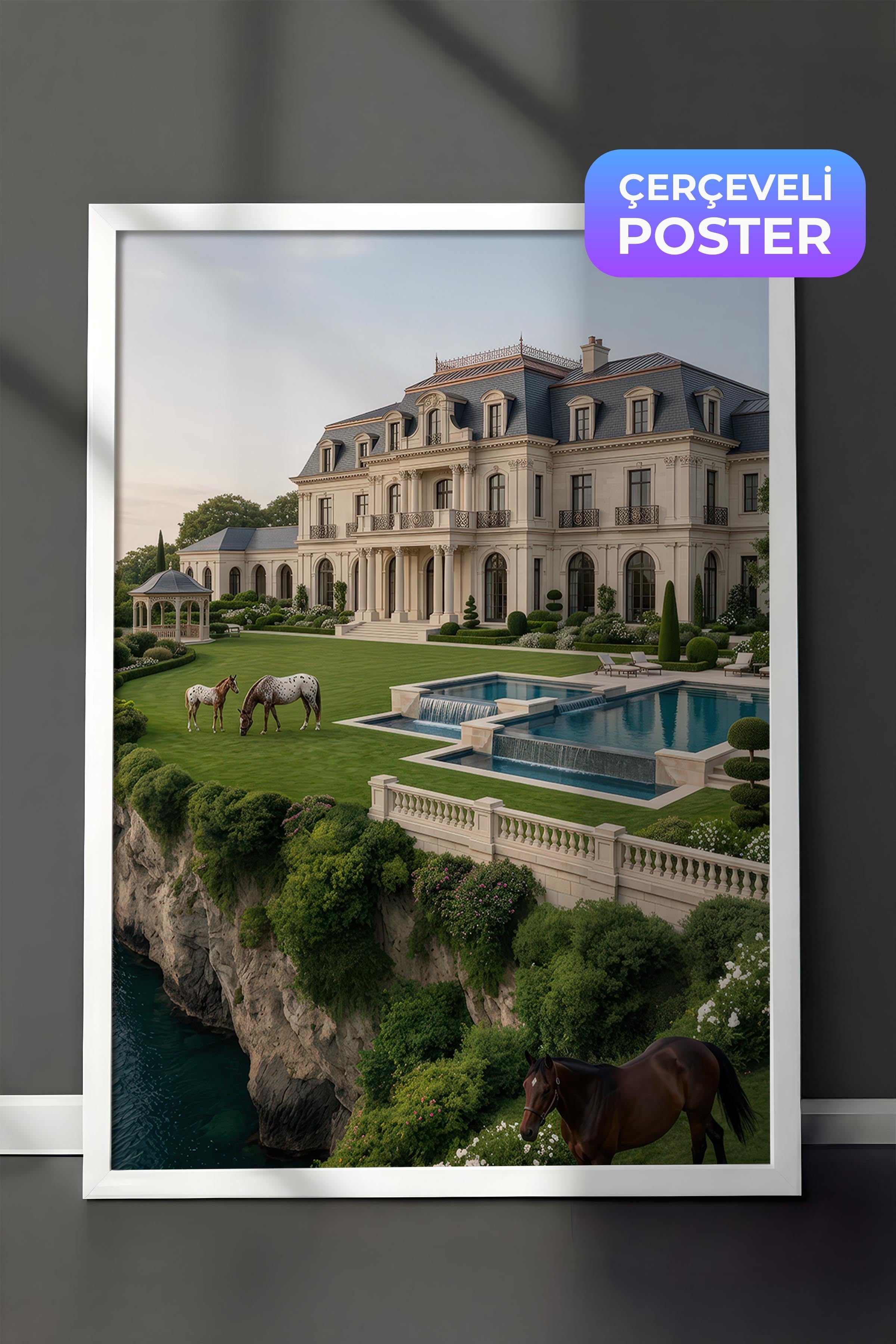 Köşk ve Atlar Posteri, Beyaz Çerçeveli Poster, Old Money Serisi, NO:113135