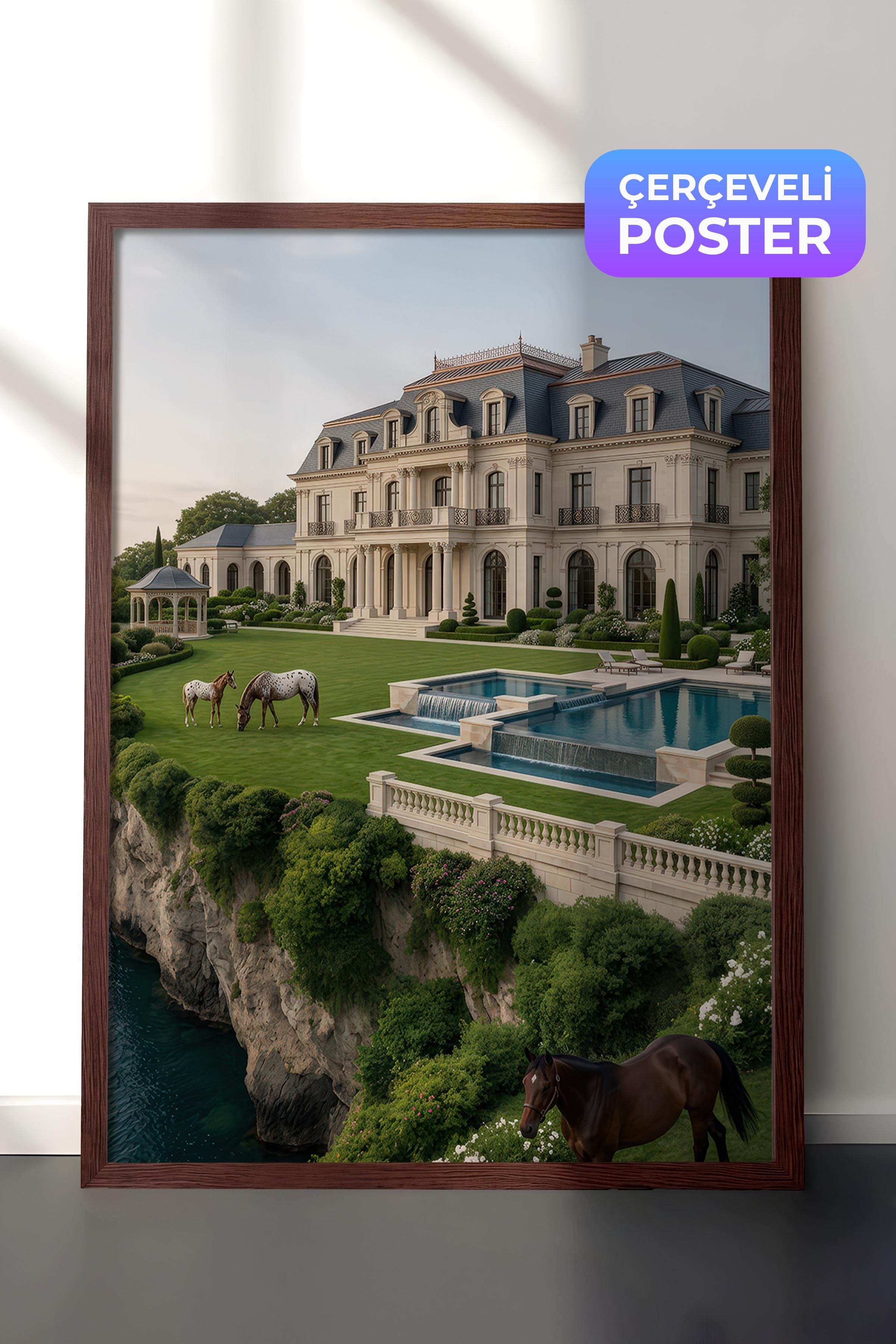 Köşk ve Atlar Posteri, Kahverengi Çerçeveli Poster, Old Money Serisi, NO:113135