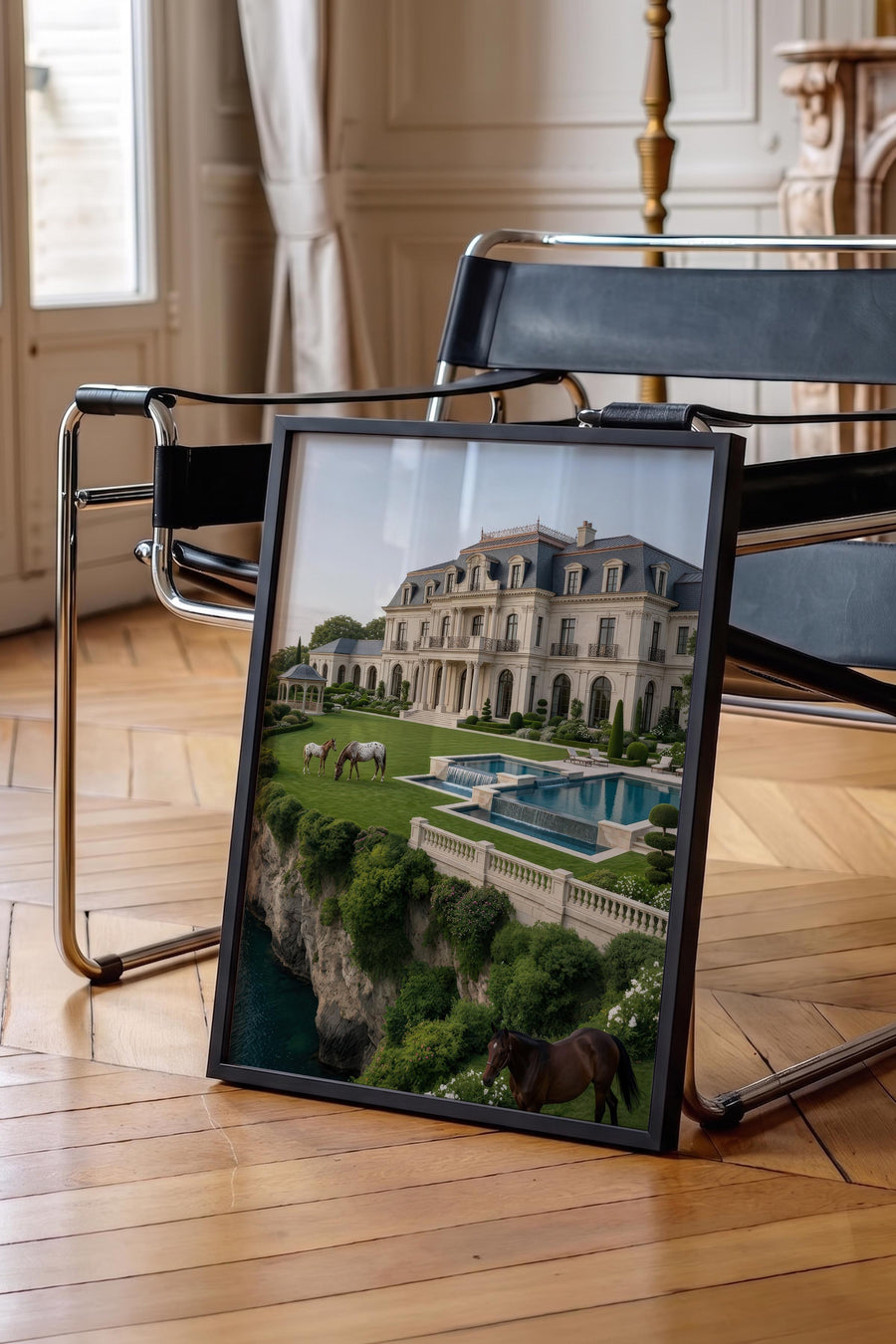 Köşk ve Atlar Old Money Poster – Siyah Çerçeveli Tablo