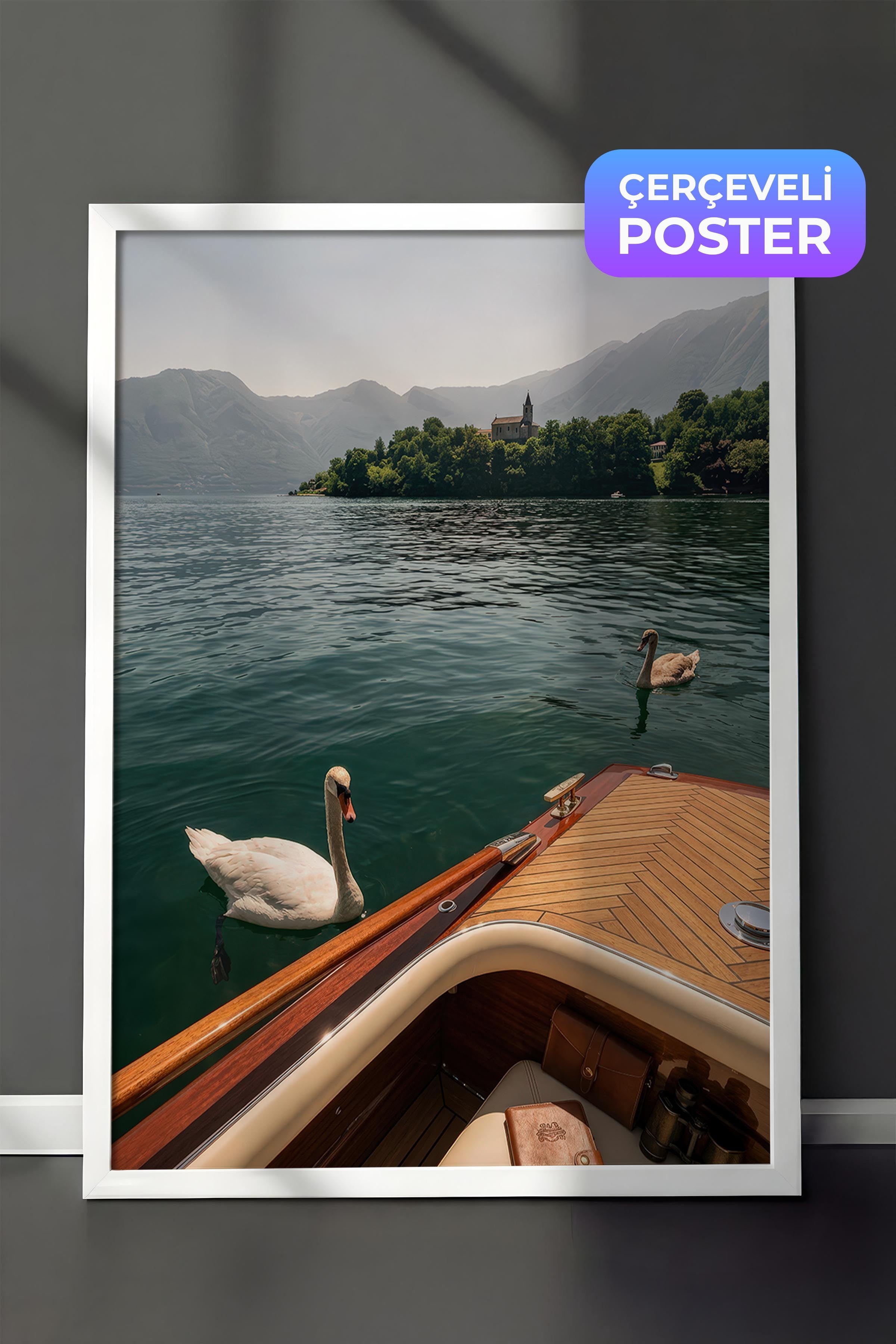Kuğular ve Göl Manzarası Posteri, Beyaz Çerçeveli Poster, Old Money Serisi, NO:113174