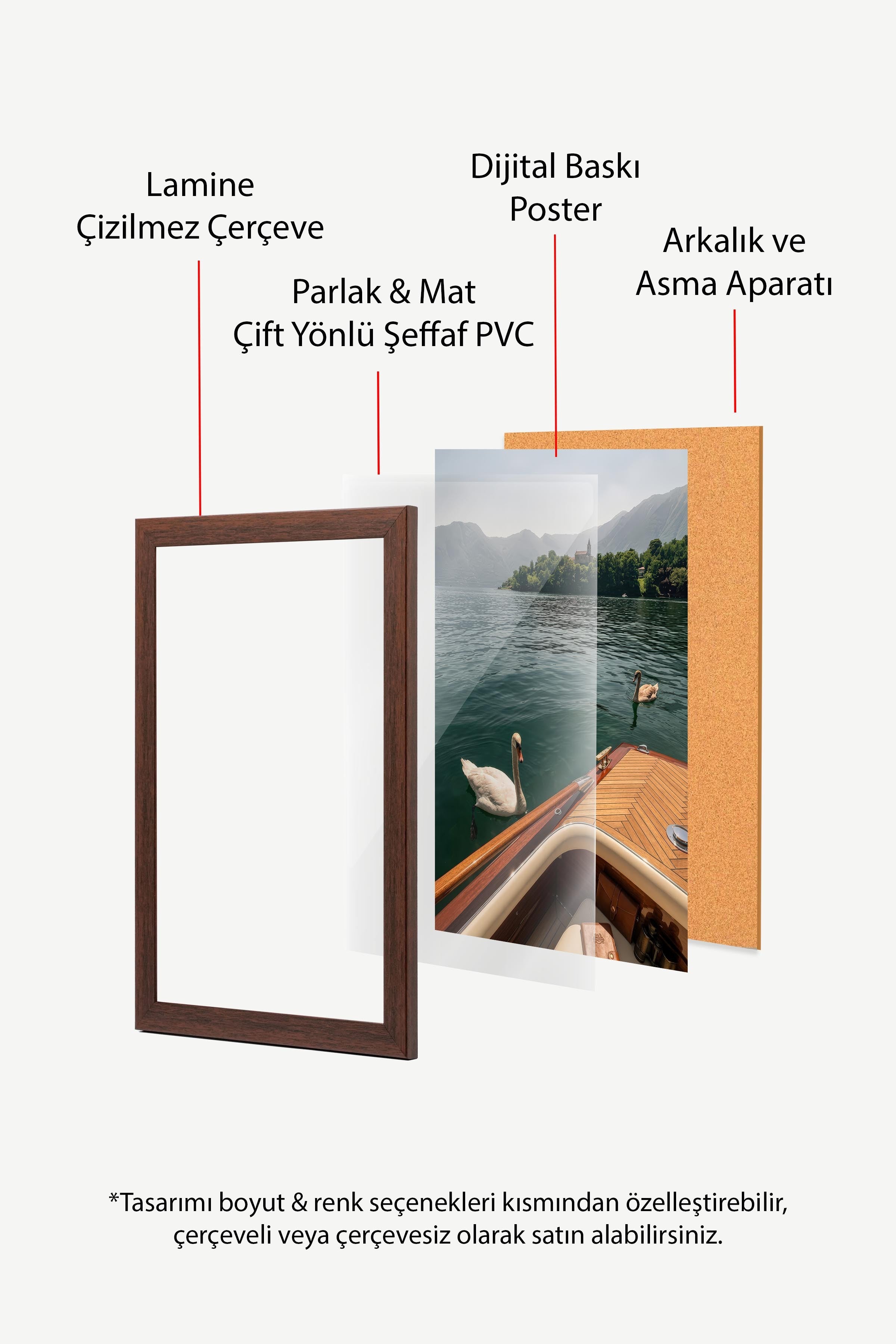 Kuğular ve Göl Manzarası Posteri, Kahverengi Çerçeveli Poster, Old Money Serisi, NO:113174
