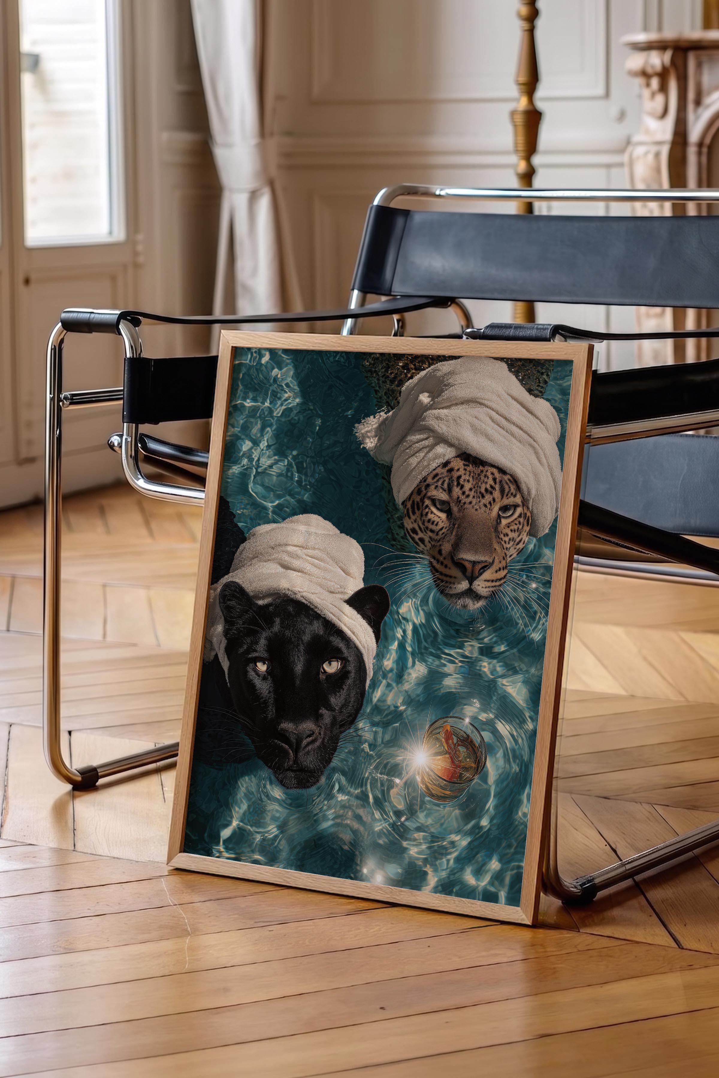 Leopar ve Panter Posteri, Ahşap Çerçeveli Poster, Old Money Serisi, NO:113232