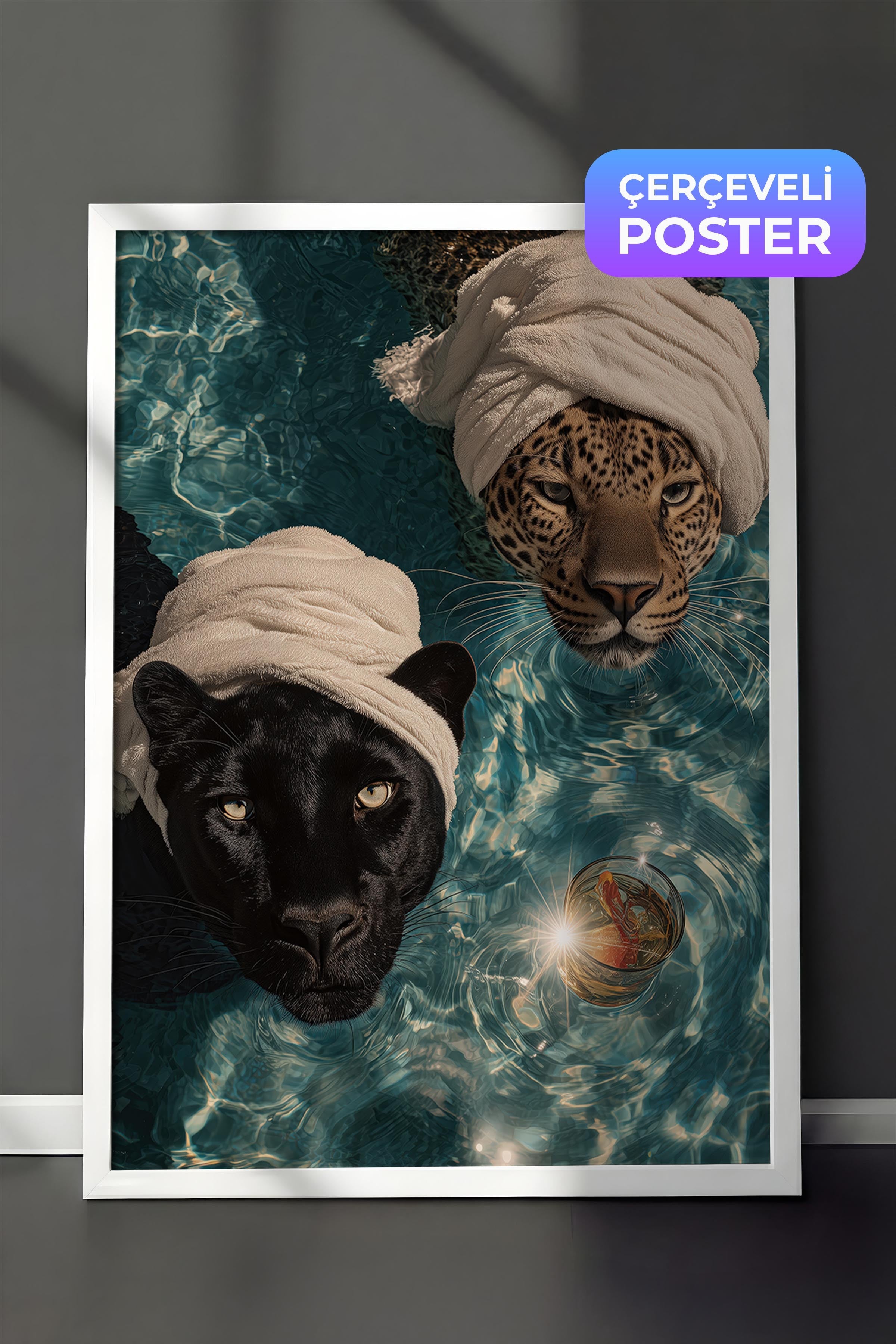Leopar ve Panter Posteri, Beyaz Çerçeveli Poster, Old Money Serisi, NO:113232