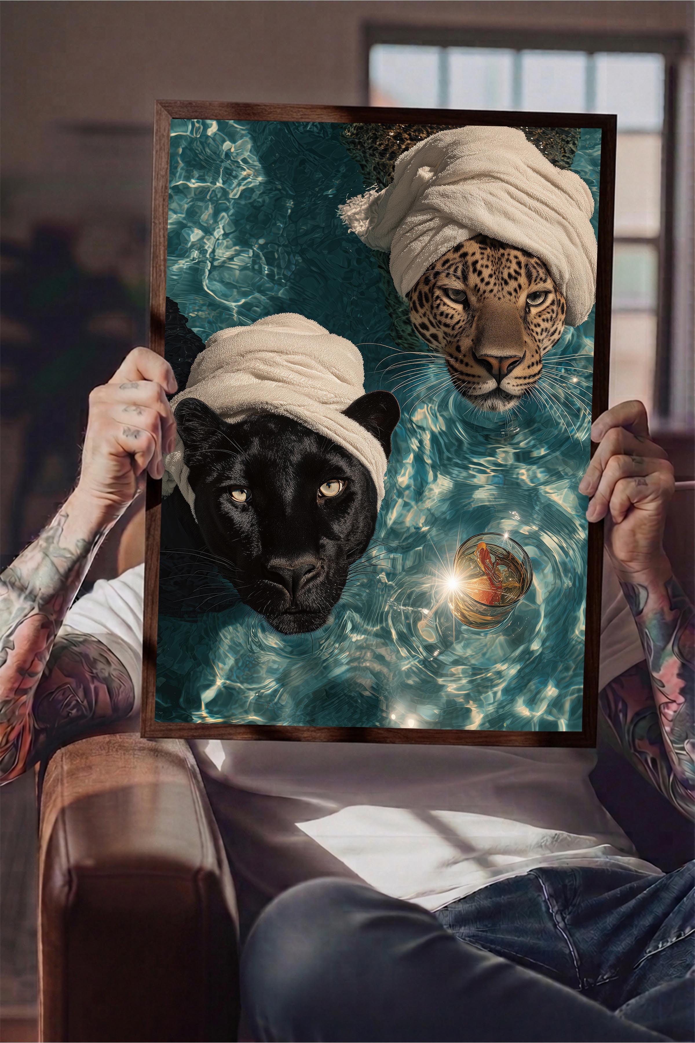 Leopar ve Panter Posteri, Kahverengi Çerçeveli Poster, Old Money Serisi, NO:113232