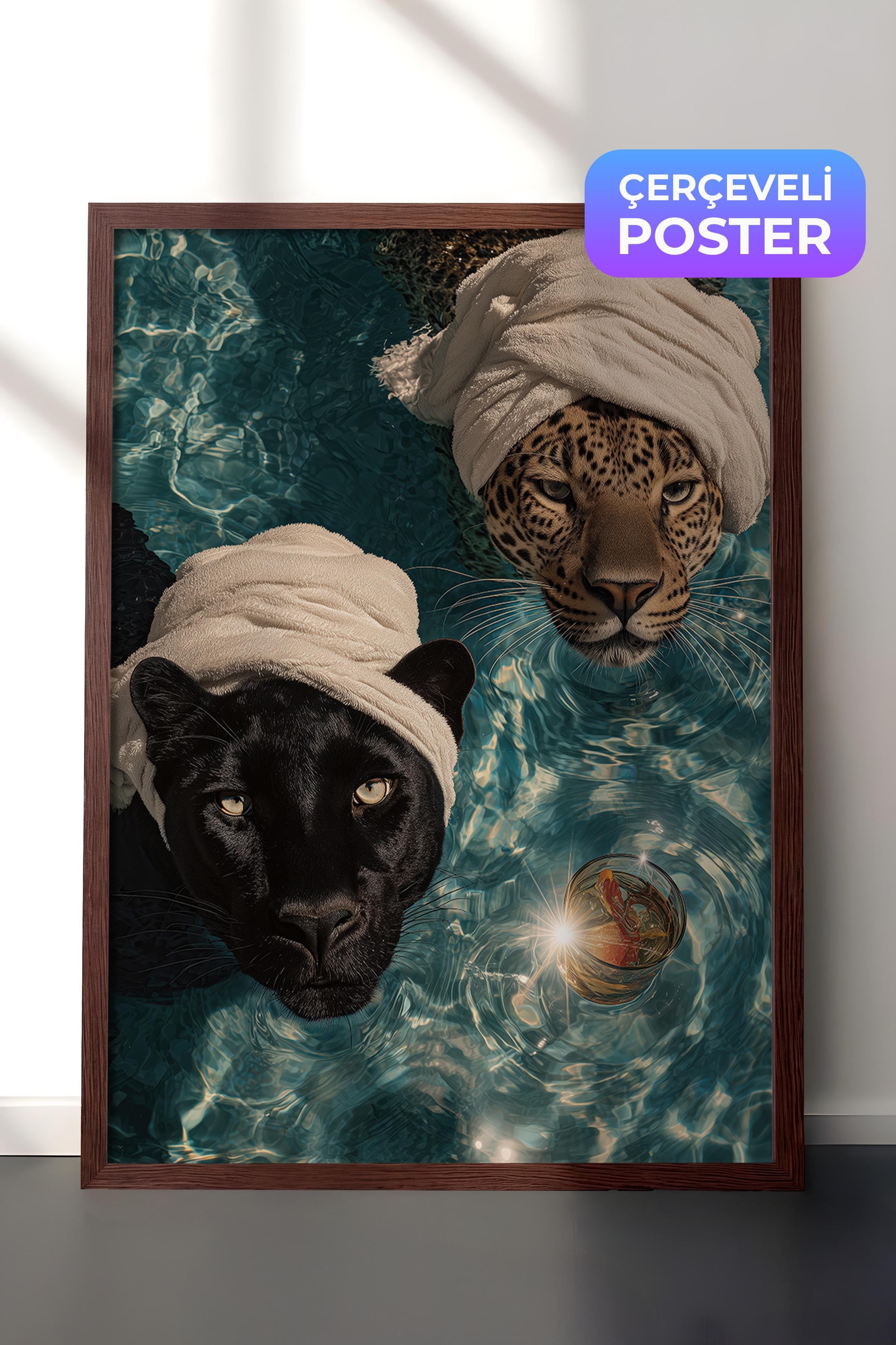 Leopar ve Panter Posteri, Kahverengi Çerçeveli Poster, Old Money Serisi, NO:113232