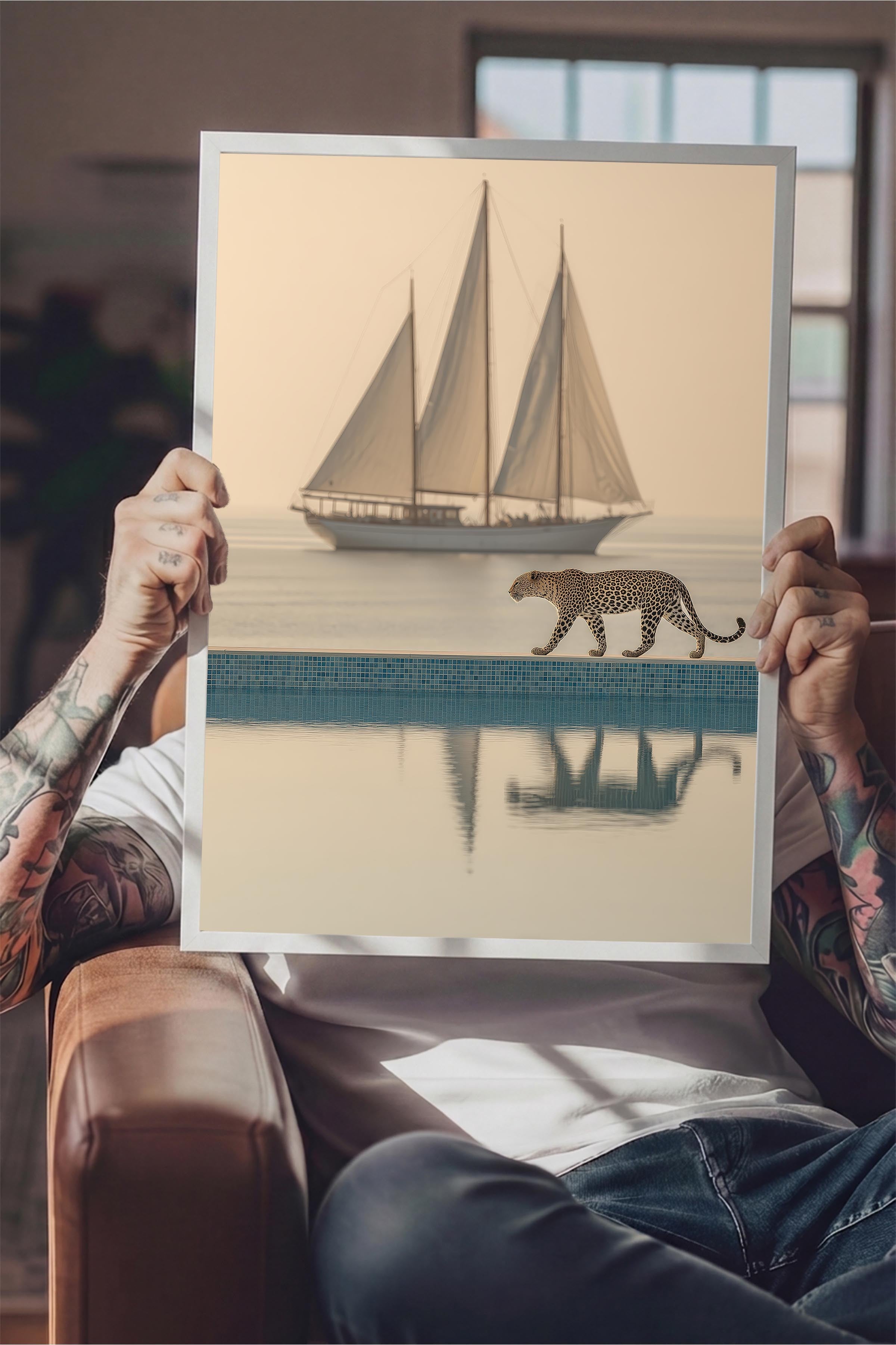 Leopar ve Yelkenli Posteri, Beyaz Çerçeveli Poster, Old Money Serisi, NO:113218