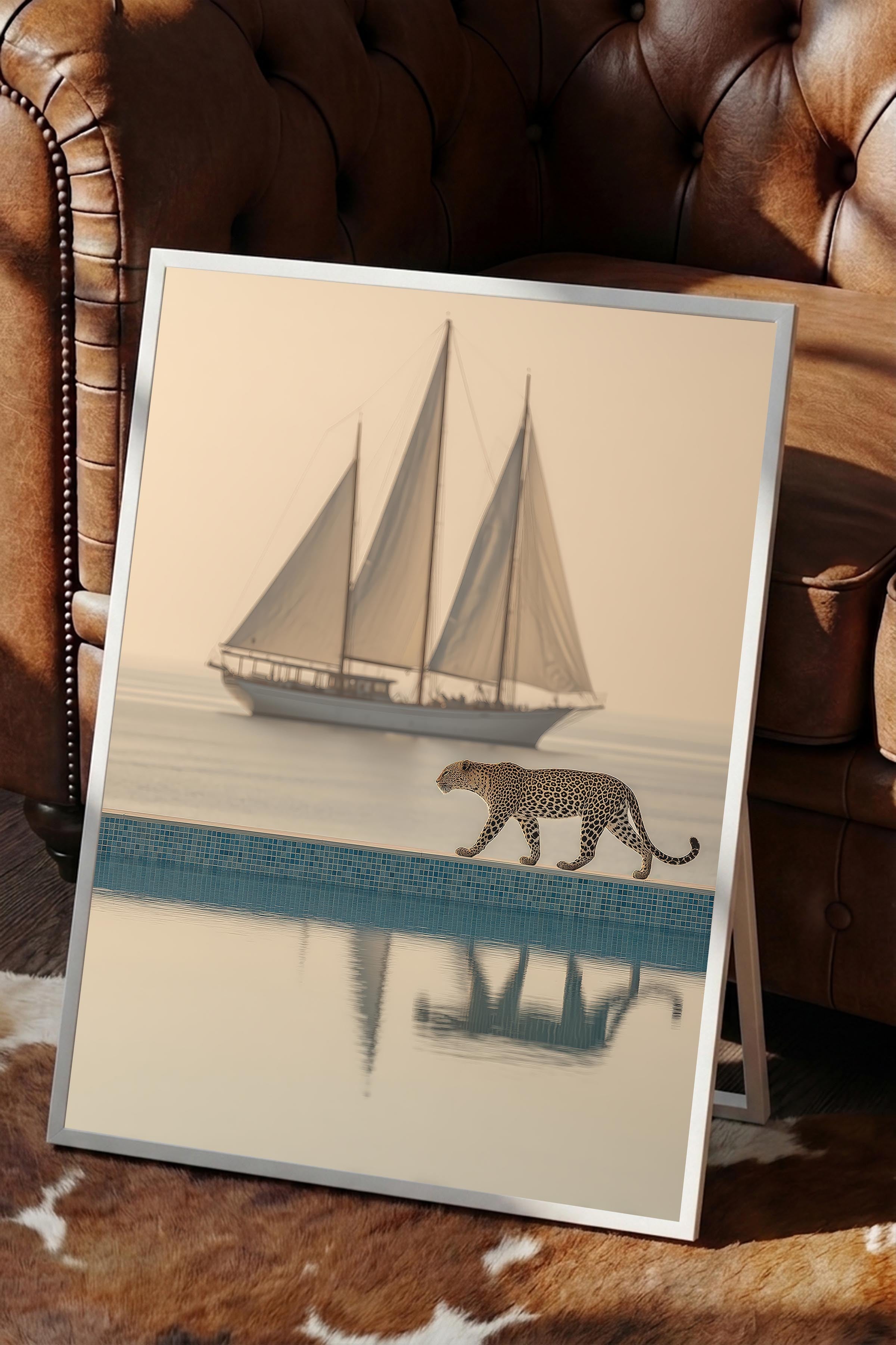Leopar ve Yelkenli Posteri, Beyaz Çerçeveli Poster, Old Money Serisi, NO:113218