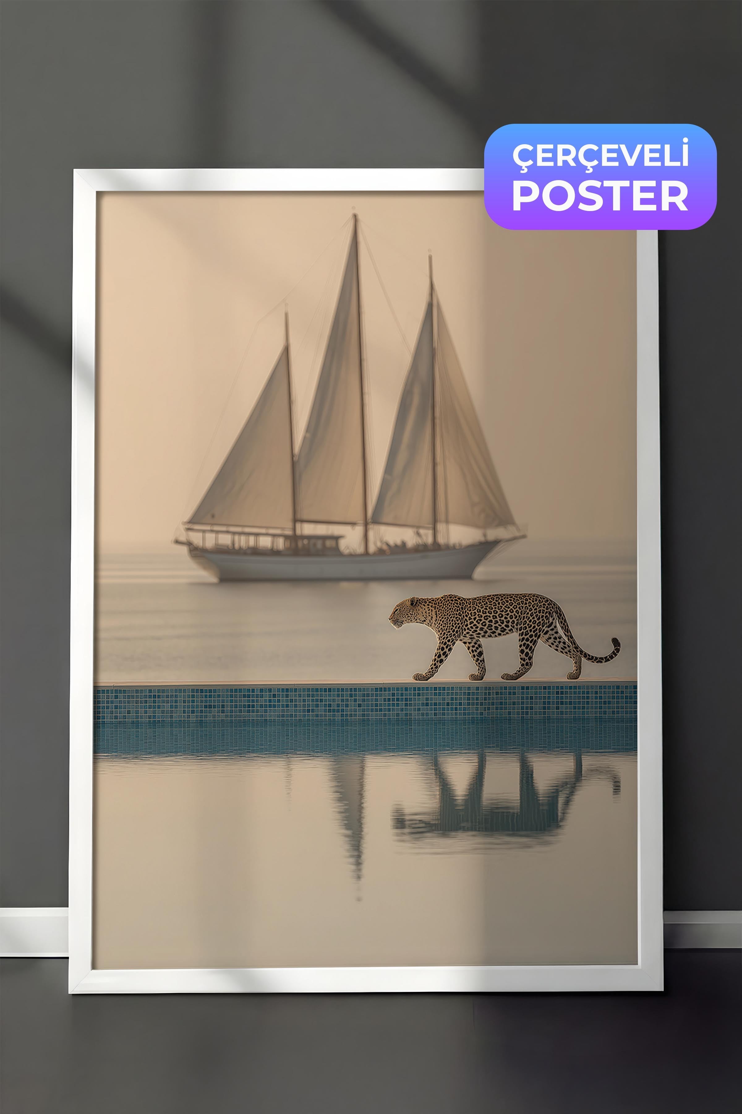 Leopar ve Yelkenli Posteri, Beyaz Çerçeveli Poster, Old Money Serisi, NO:113218