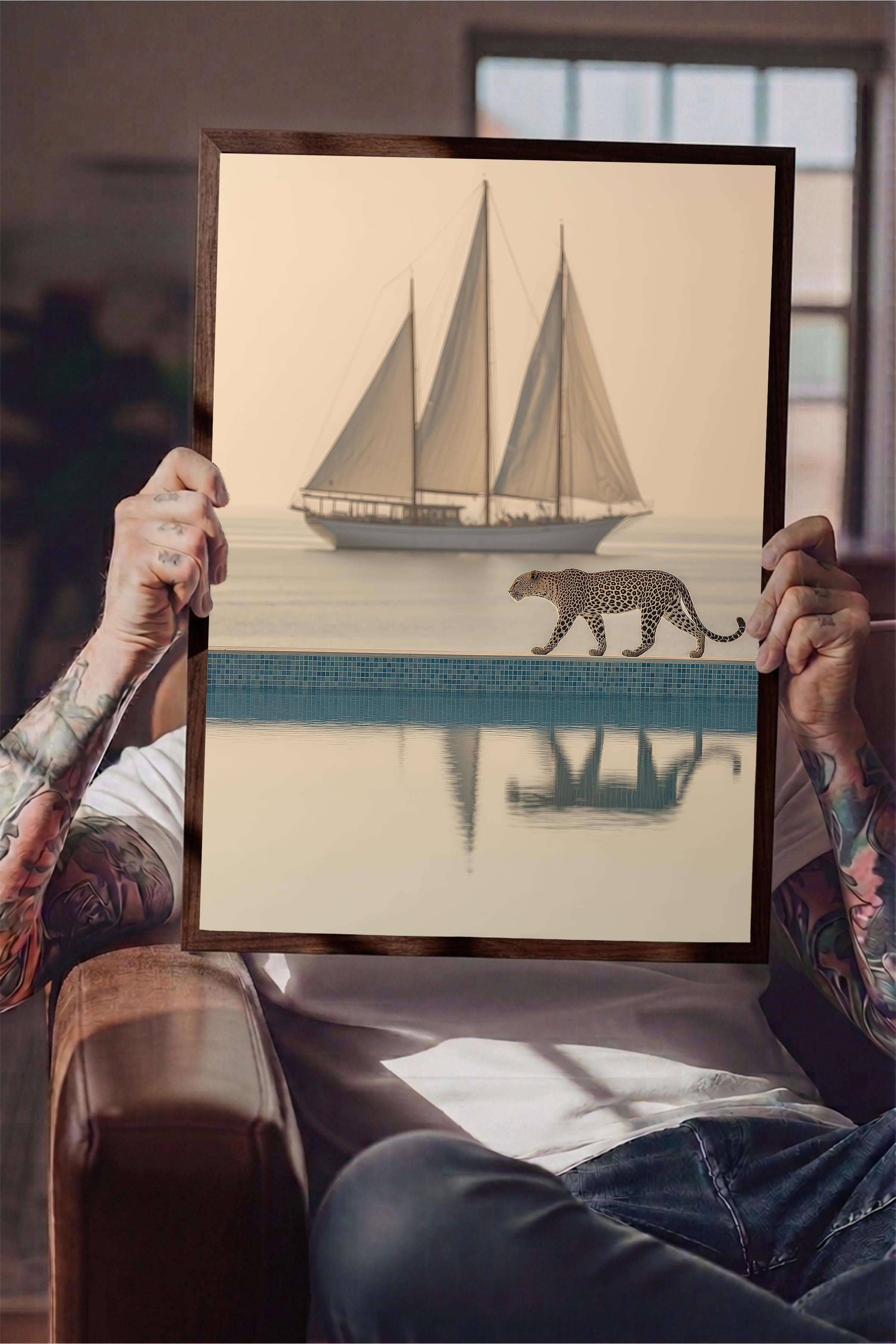 Leopar ve Yelkenli Posteri, Kahverengi Çerçeveli Poster, Old Money Serisi, NO:113218