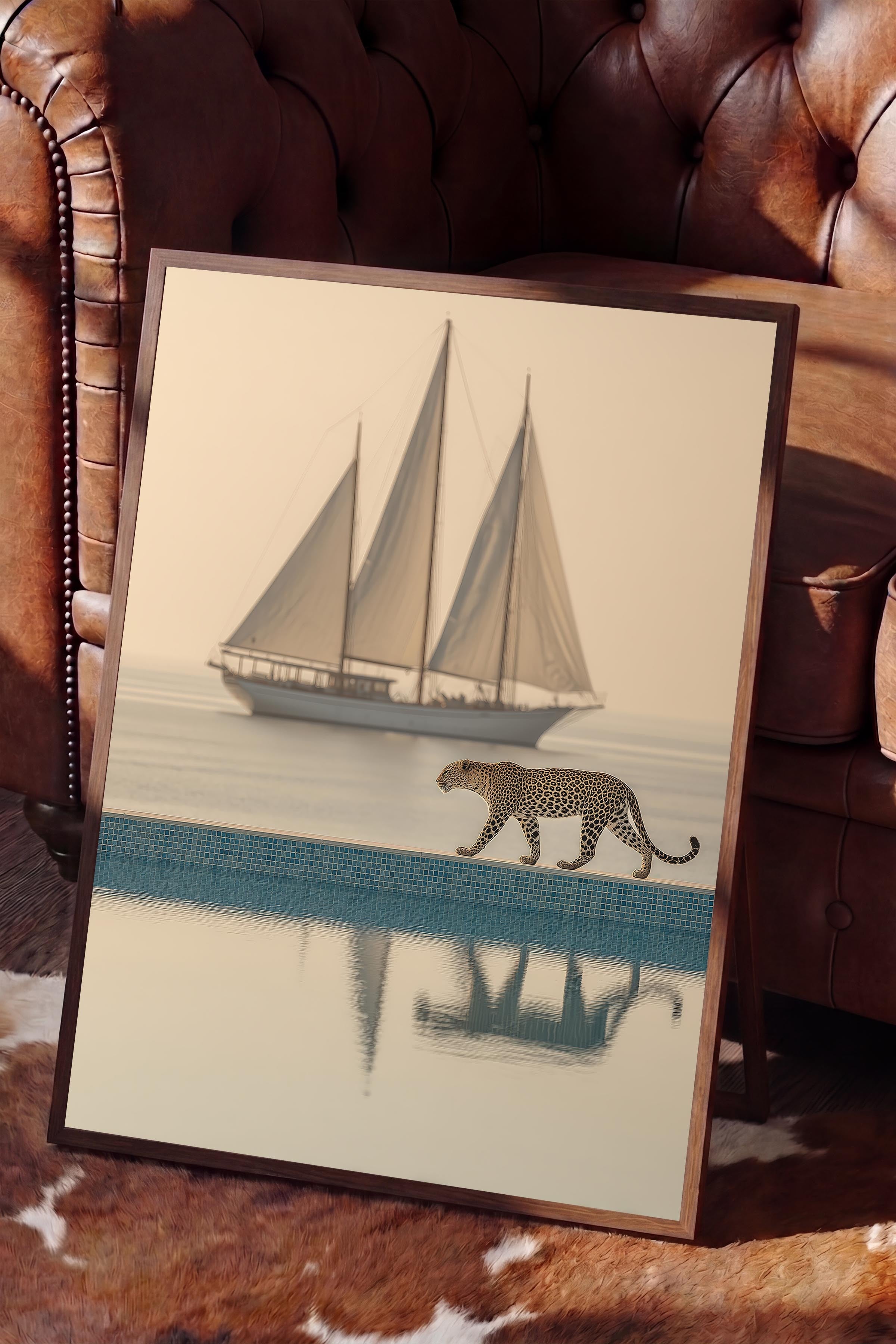 Leopar ve Yelkenli Posteri, Kahverengi Çerçeveli Poster, Old Money Serisi, NO:113218