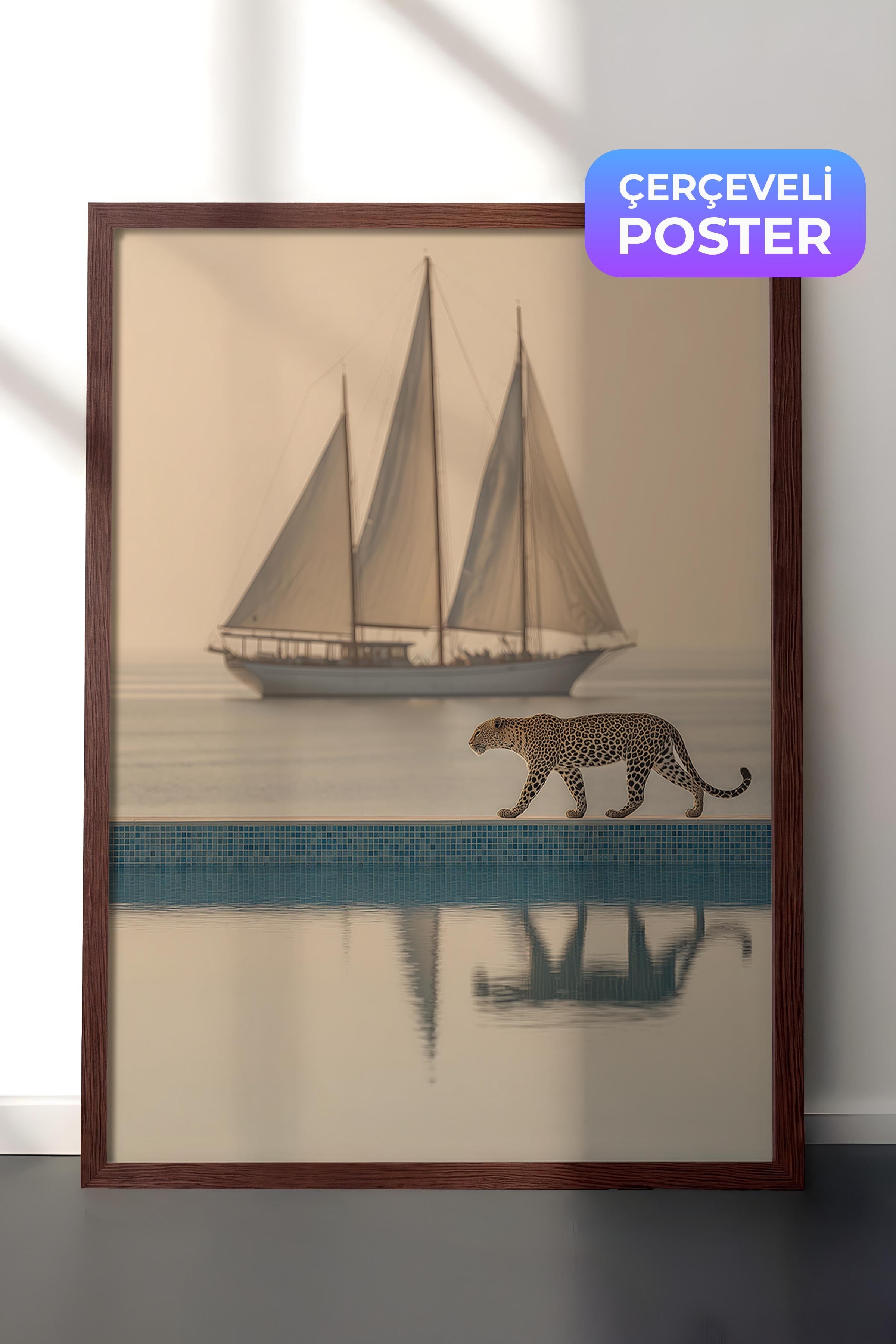 Leopar ve Yelkenli Posteri, Kahverengi Çerçeveli Poster, Old Money Serisi, NO:113218
