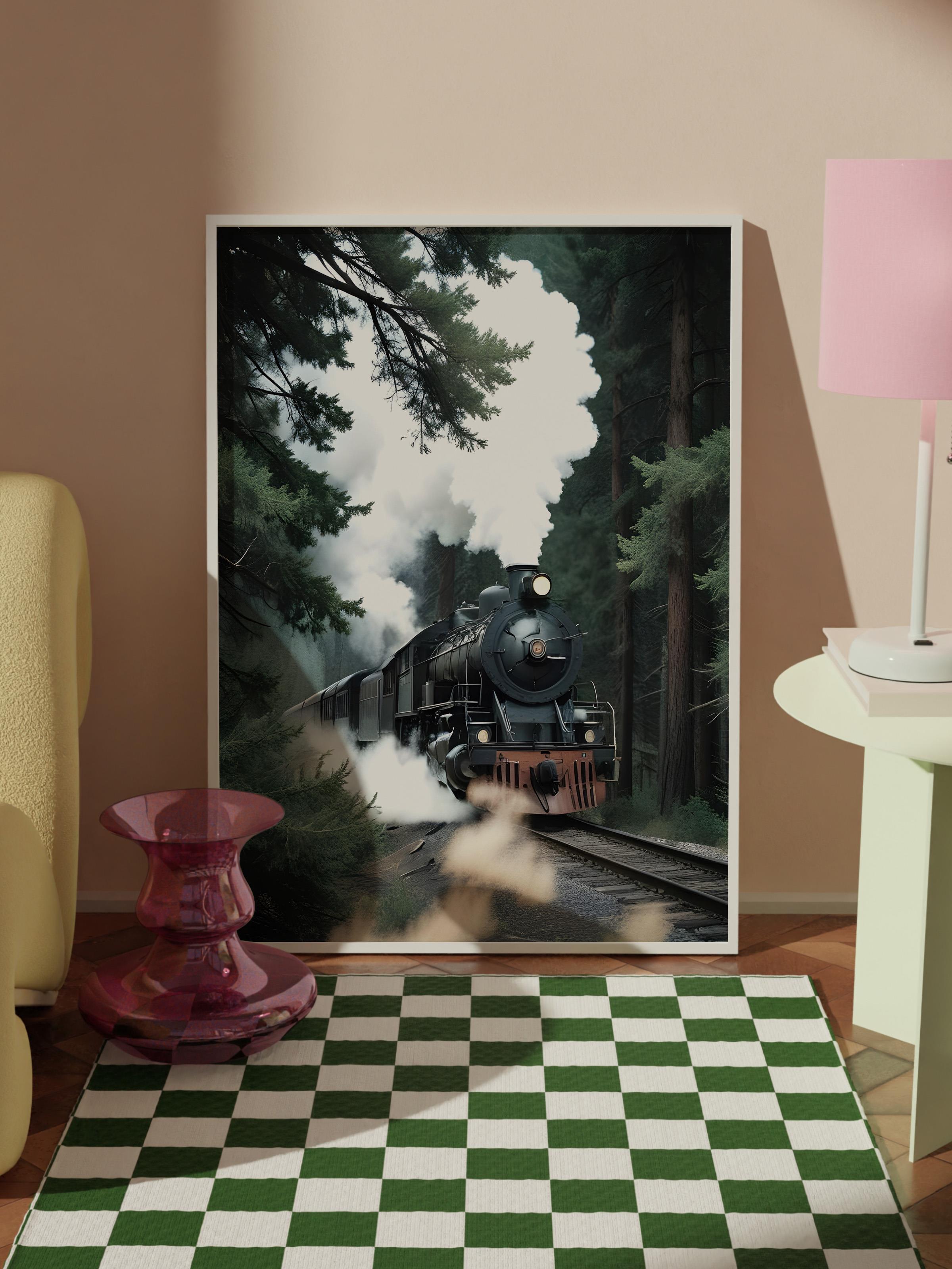 Magical Steam Train  Beyaz Çerçeveli Tablo, Duvar Tablosu Comfort Serisi NO:108497