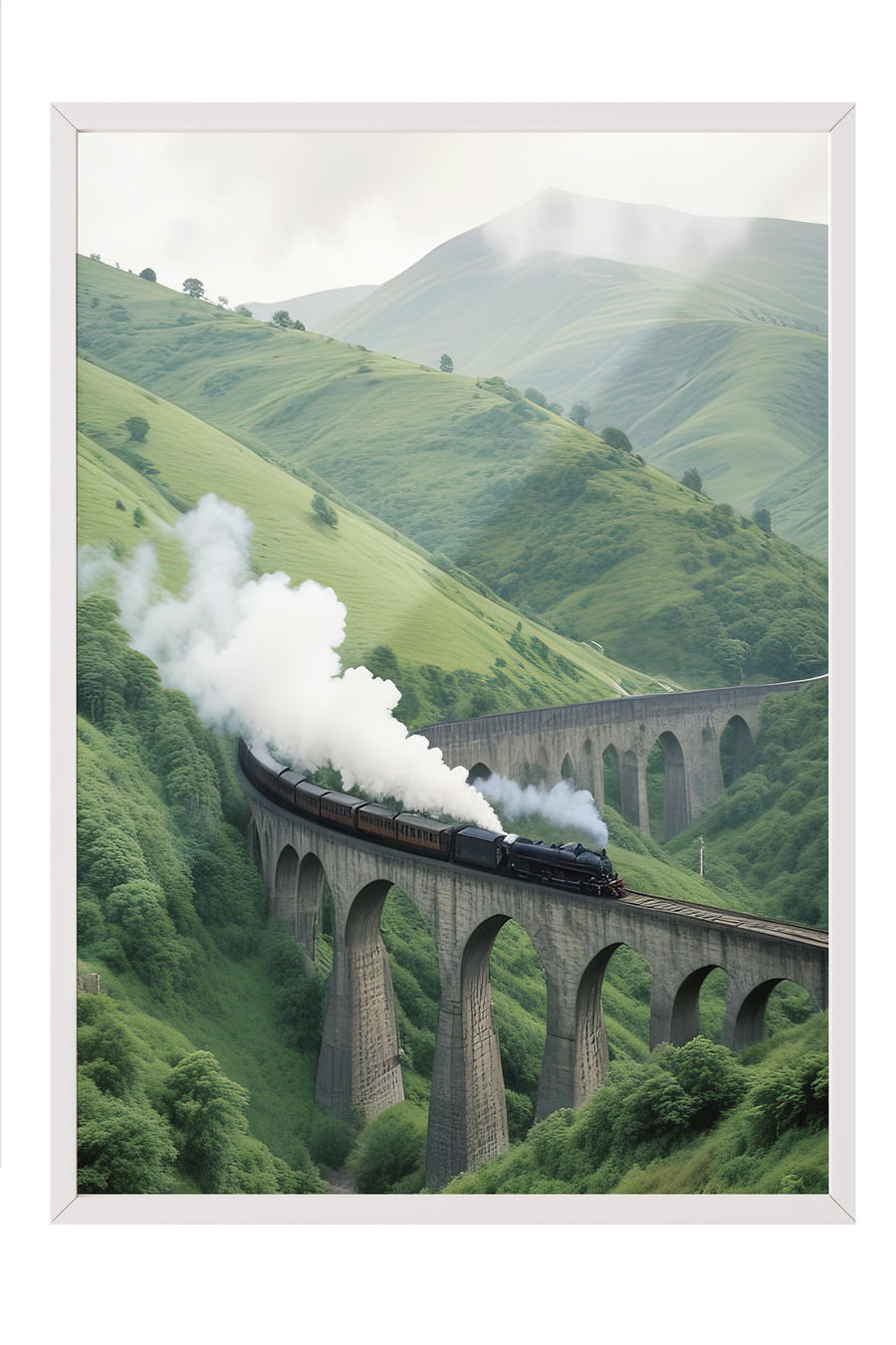 Farklı Tonlarda Yeşil Vadide Buharlı Tren Doğa Comfort Serisi Poster – Beyaz Çerçeveli Tablo