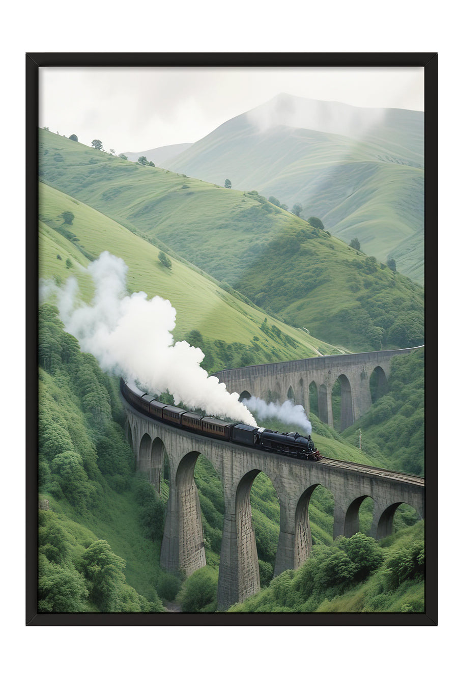 Farklı Tonlarda Yeşil Vadide Buharlı Tren Doğa Comfort Serisi Poster – Siyah Çerçeveli Tablo