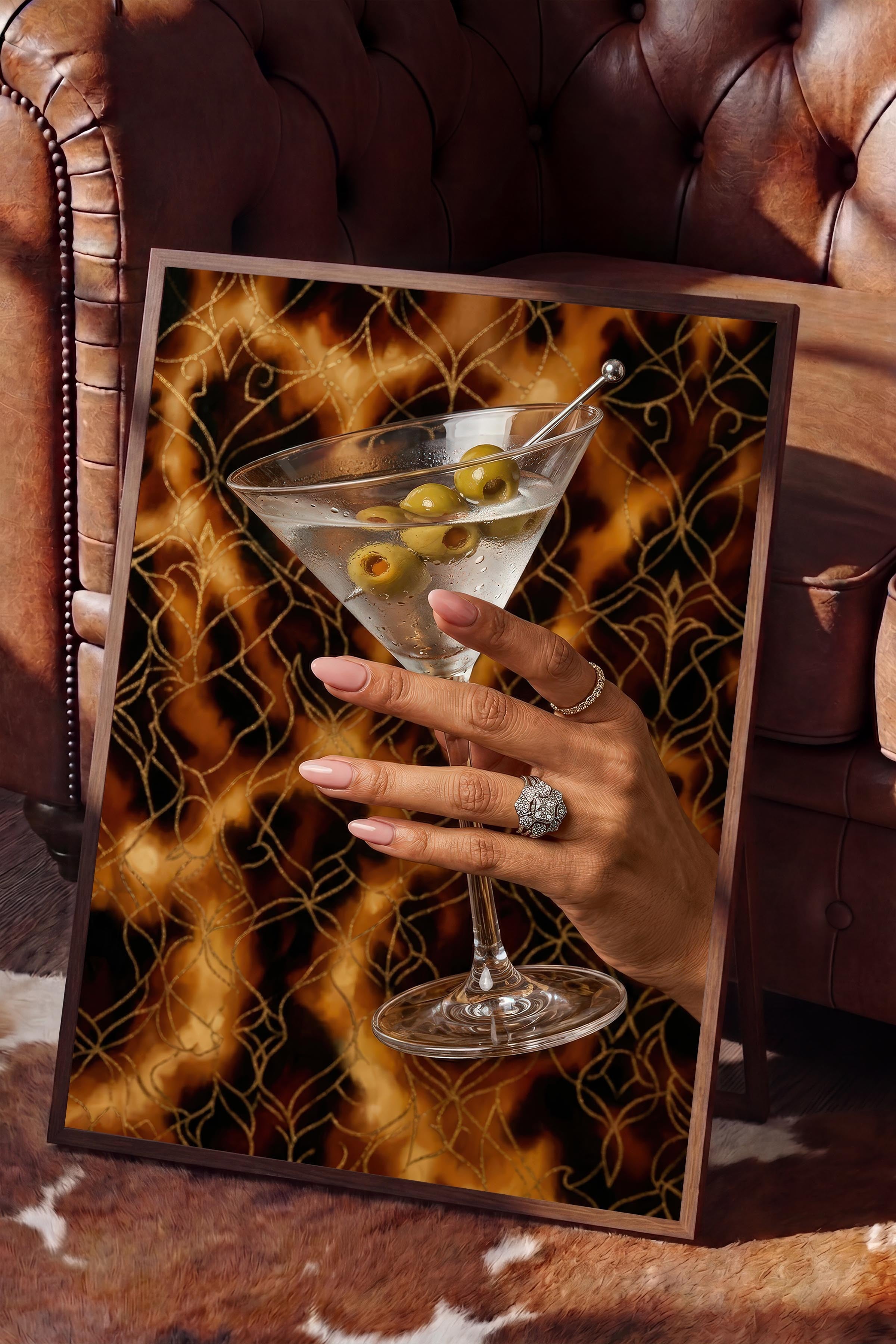 Martini Bardağı Posteri, Kahverengi Çerçeveli Poster, Old Money Serisi, NO:113123