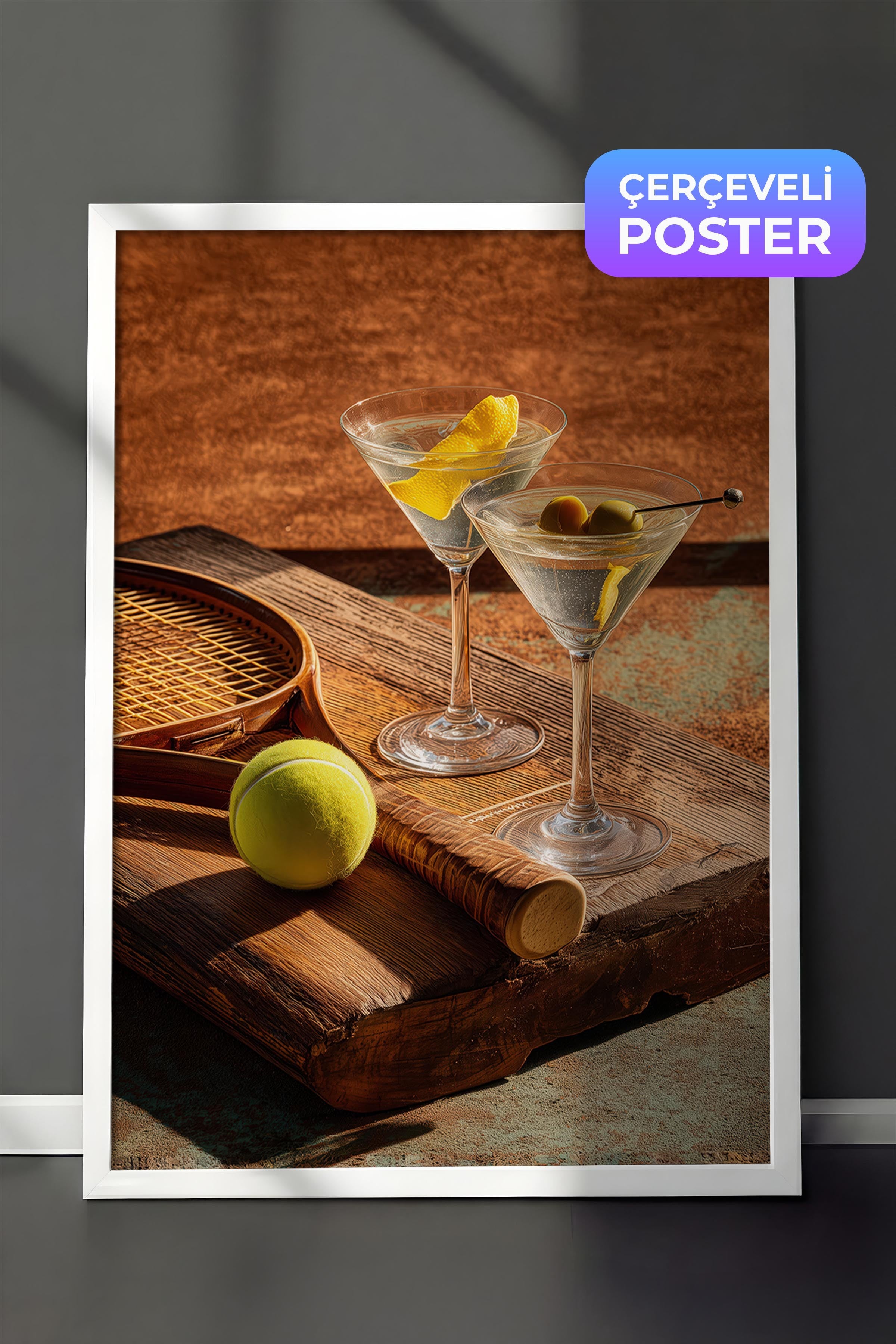 Martini ve Tenis Posteri, Beyaz Çerçeveli Poster, Old Money Serisi, NO:113226