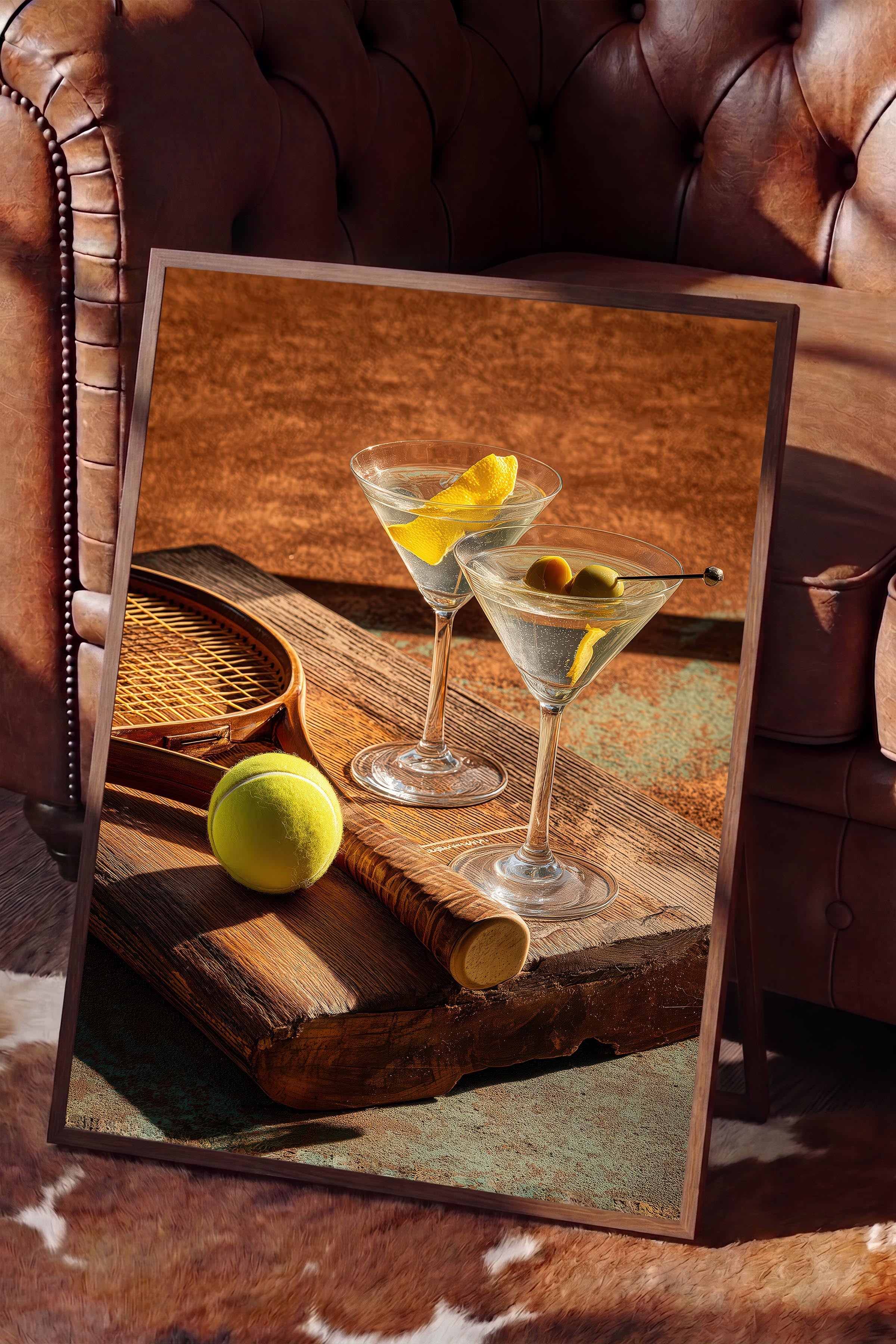Martini ve Tenis Posteri, Kahverengi Çerçeveli Poster, Old Money Serisi, NO:113226