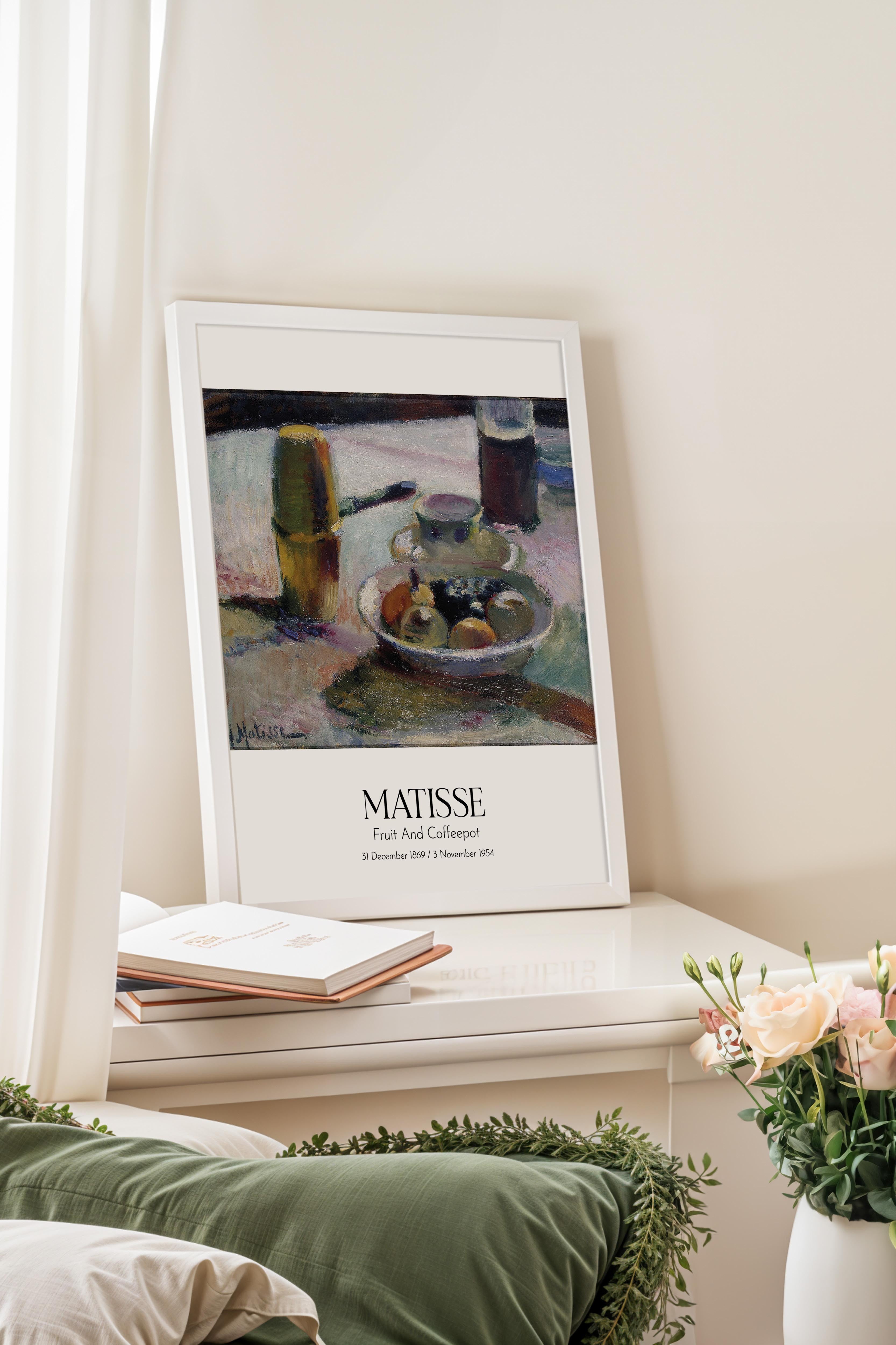 Matisse - Fruit And Coffeepot, Beyaz Çerçeveli Tablo, Sanat Serisi NO:112300
