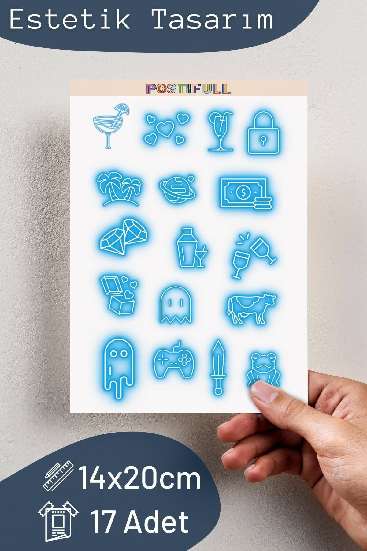 Mavi Neon Temalı Sticker Seti - 17 Adet Etiket Seti- Telefon, Tablet, Defter Laptop Uyumlu Etiket