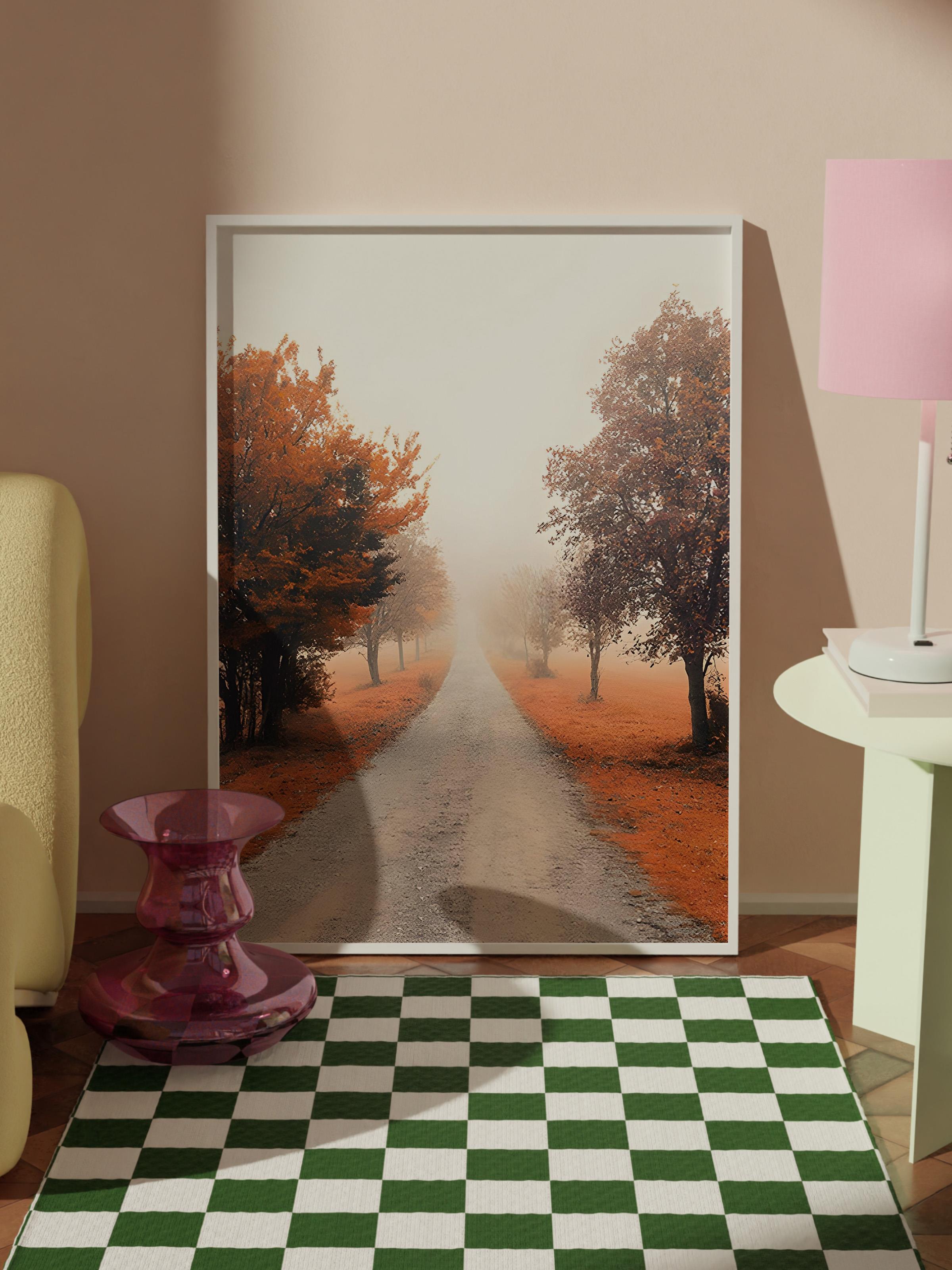 Misty Tree Alley Çerçeveli Tablo, Beyaz Çerçeve ve Poster, Duvar Tablosu Comfort Serisi NO:108353