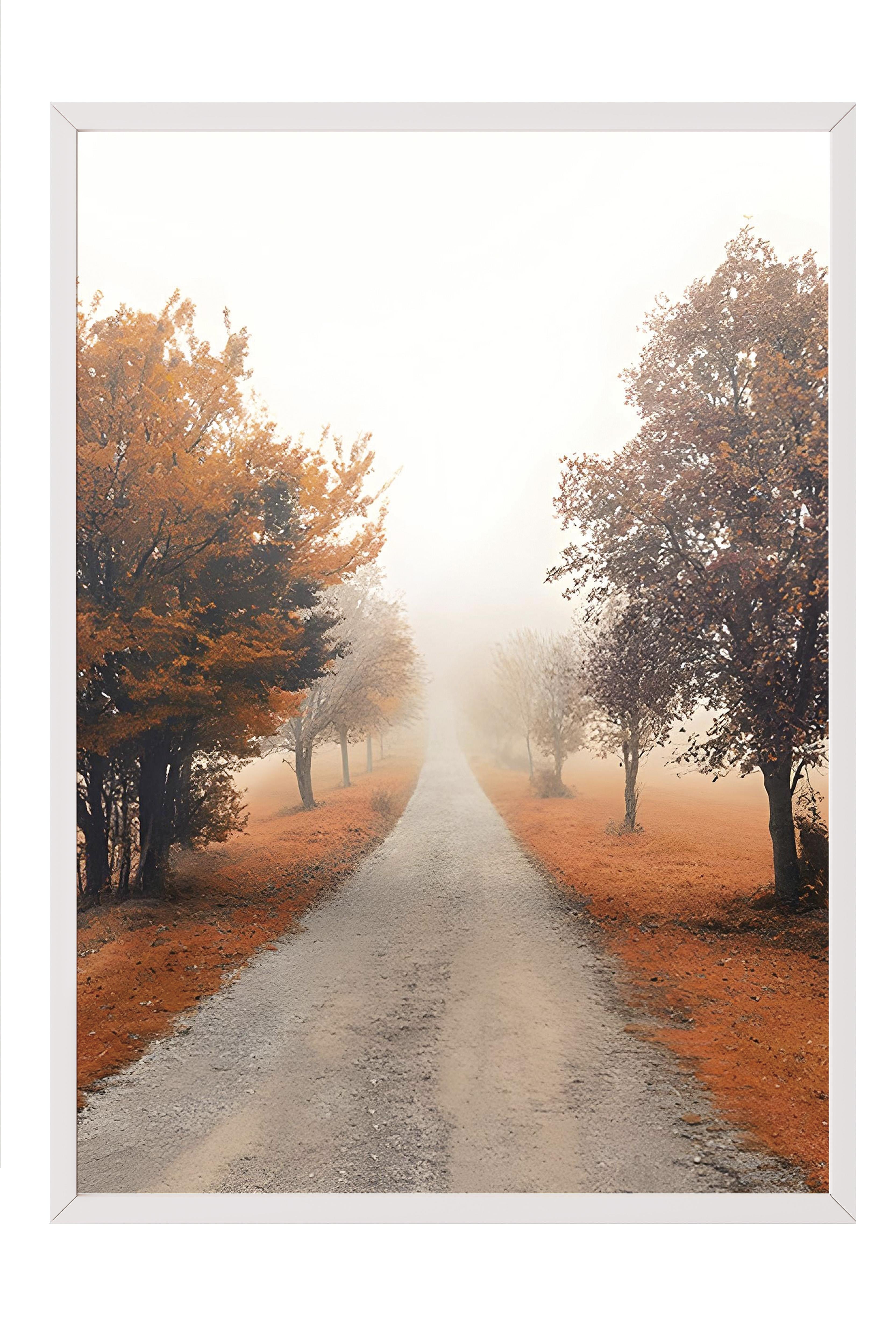 Misty Tree Alley Çerçeveli Tablo, Beyaz Çerçeve ve Poster, Duvar Tablosu Comfort Serisi NO:108353