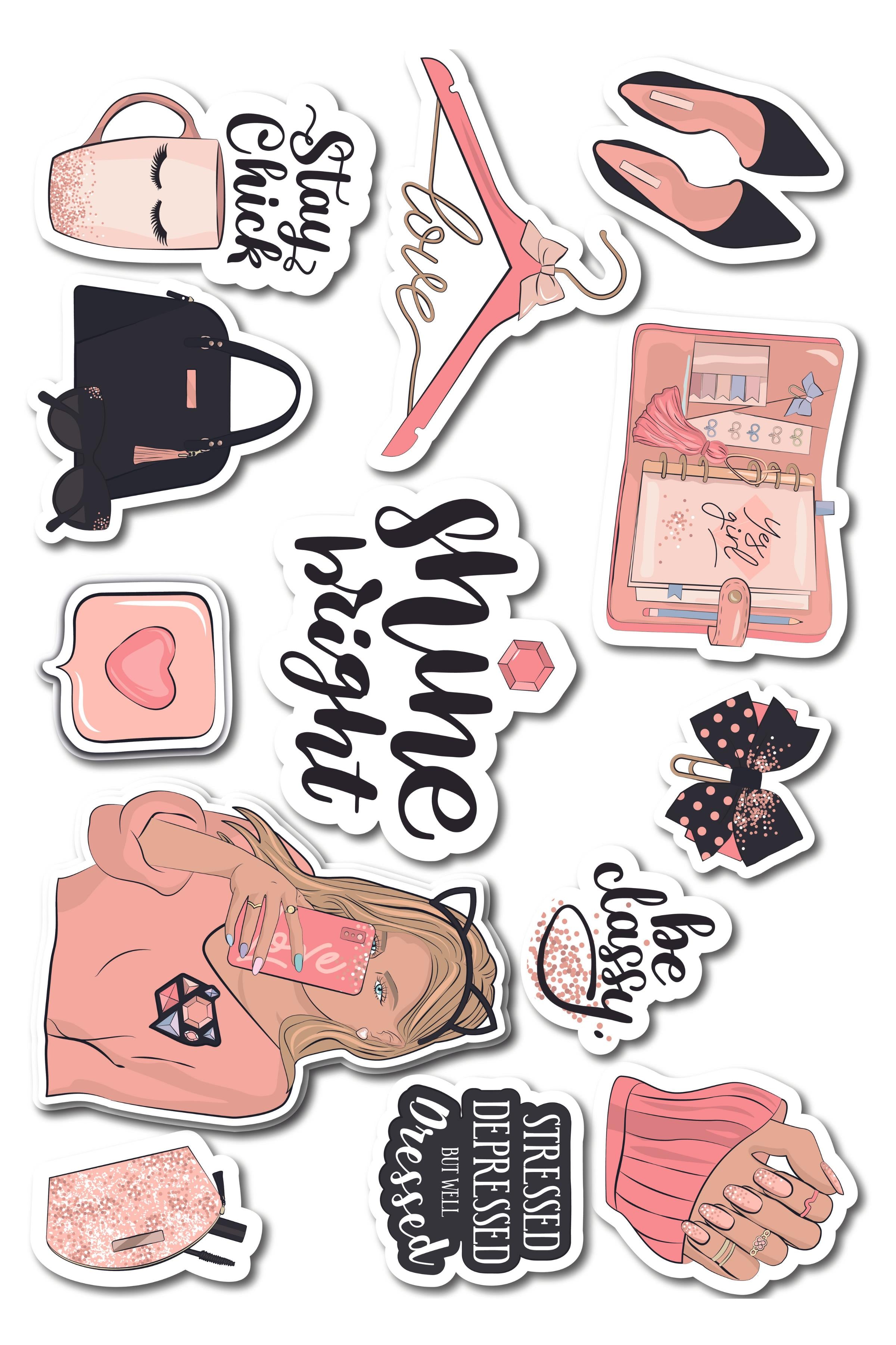 Moda Temalı Sticker ve Etiket Seti - Orta Boy - Su Geçirmez, Kalın Yapışkanlı Sticker Seti