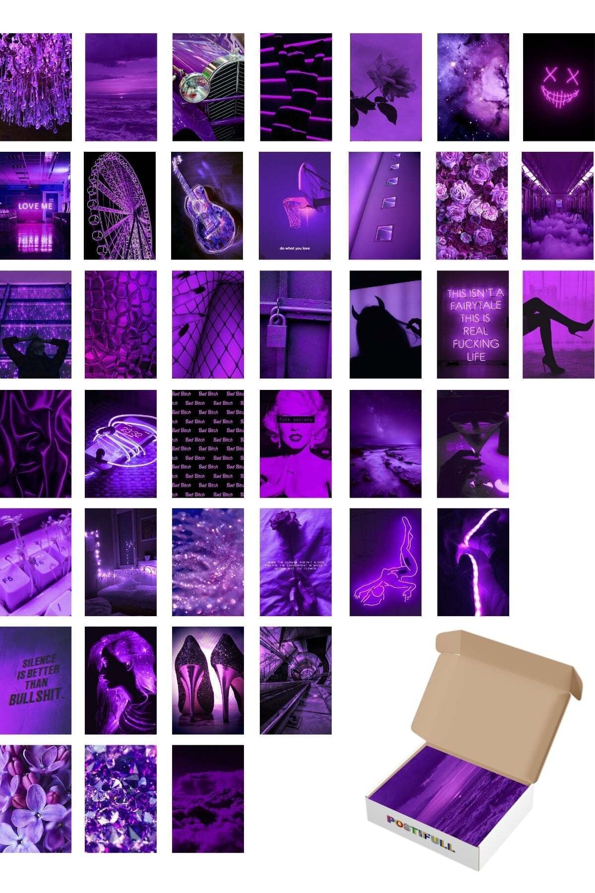 Mor Duvar Poster Seti - Kolaj Set - 40 Adet - Arkası Yapışkanlı Poster Seti - 10cm*15cm, Kutulu Set