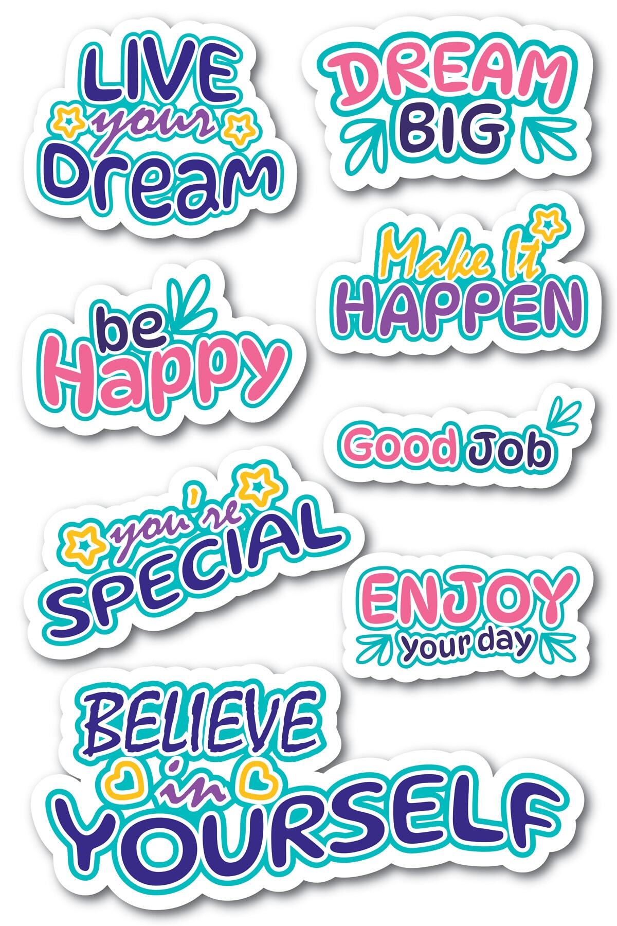 Motivasyon Temalı Sticker Seti - 8 Adet Etiket Seti- Telefon, Tablet, Defter Laptop Uyumlu Etiket