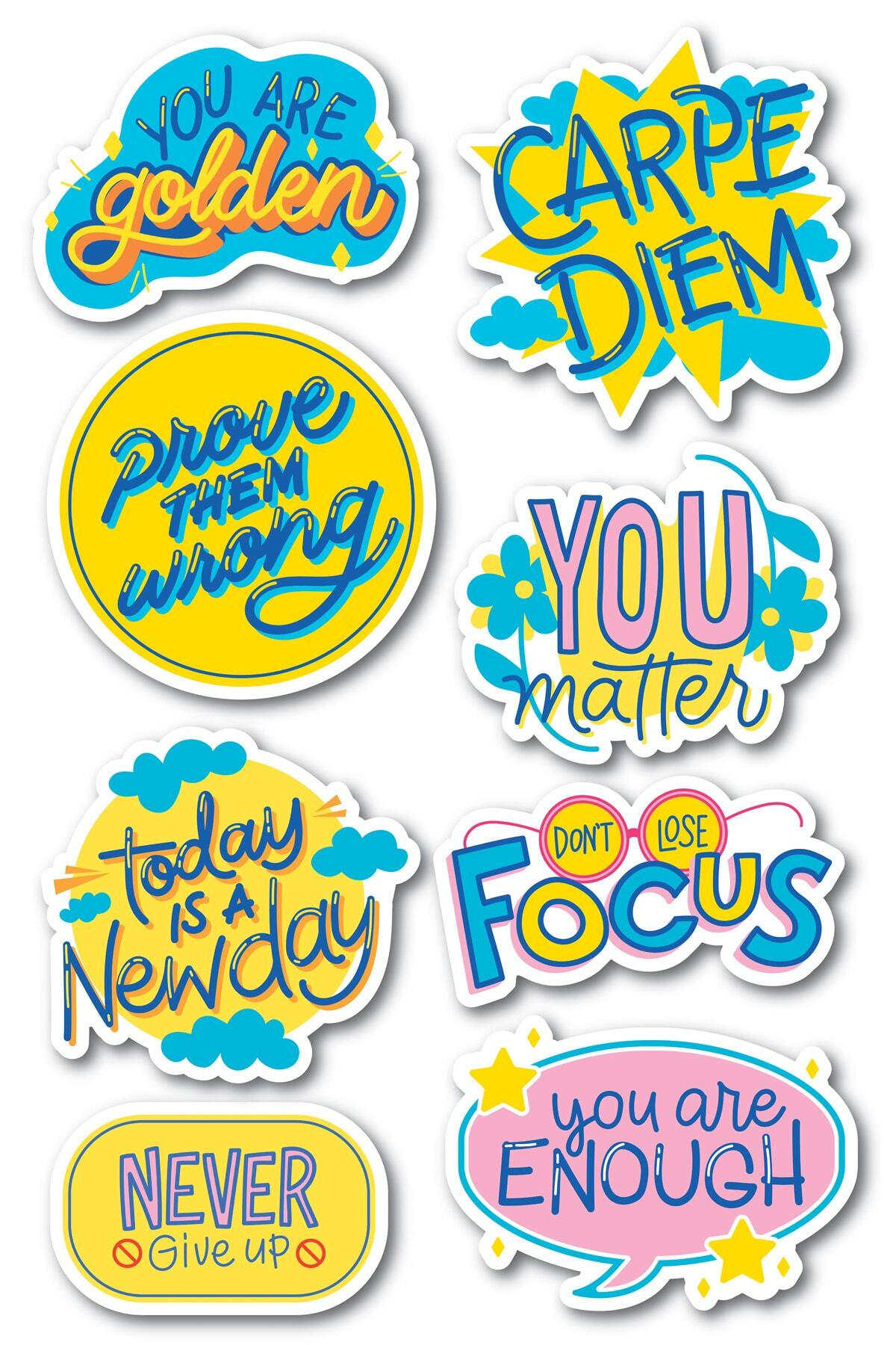 Motivasyon Temalı Sticker Seti - 8 Adet Etiket Seti- Telefon, Tablet, Defter Laptop Uyumlu Etiket