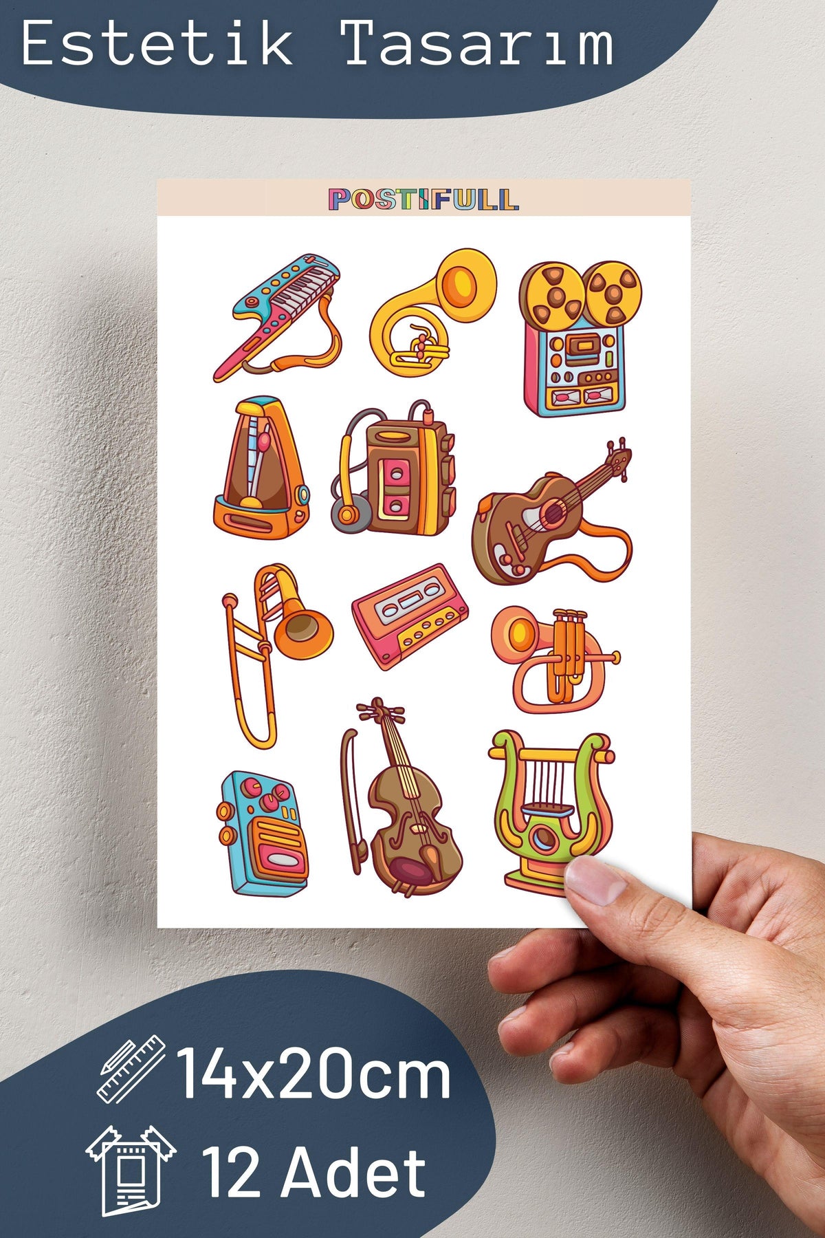 Sticker Muzik Color Müzik Temalı Sticker ve Etiket Seti - Orta Boy - Su Geçirmez, Kalın Ya