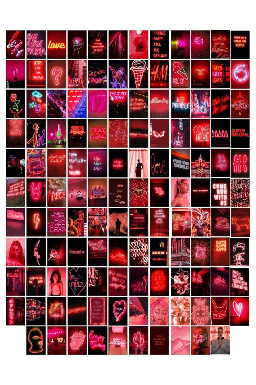 Neon Temalı Poster Seti - Kırmızı - Arkası Yapışkanlı Poster Kolaj Seti - 130 Adet - 10cm*15cm