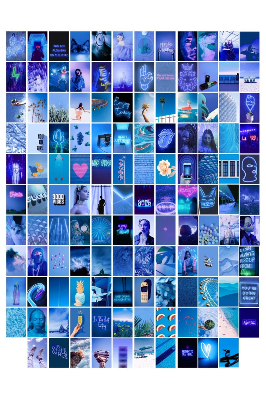 Neon Temalı Poster Seti - Mavi - Arkası Yapışkanlı Poster Kolaj Seti - 130 Adet - 10cm*15cm