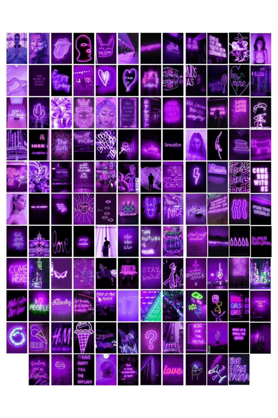 Neon Temalı Poster Seti - Mor - Arkası Yapışkanlı Poster Kolaj Seti - 130 Adet - 10cm*15cm