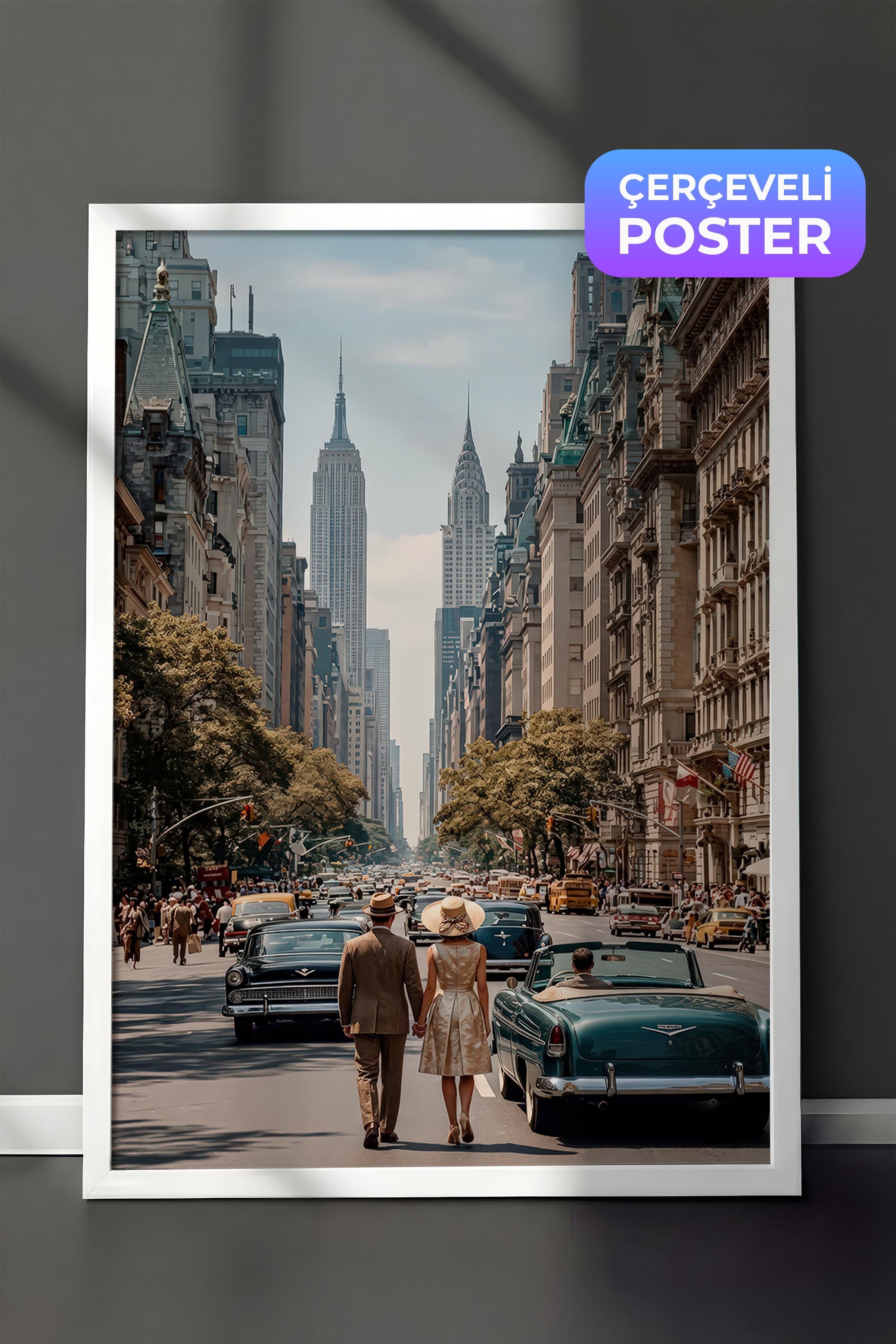 New York Şehir Manzarası Posteri, Beyaz Çerçeveli Poster, Old Money Serisi, NO:113145