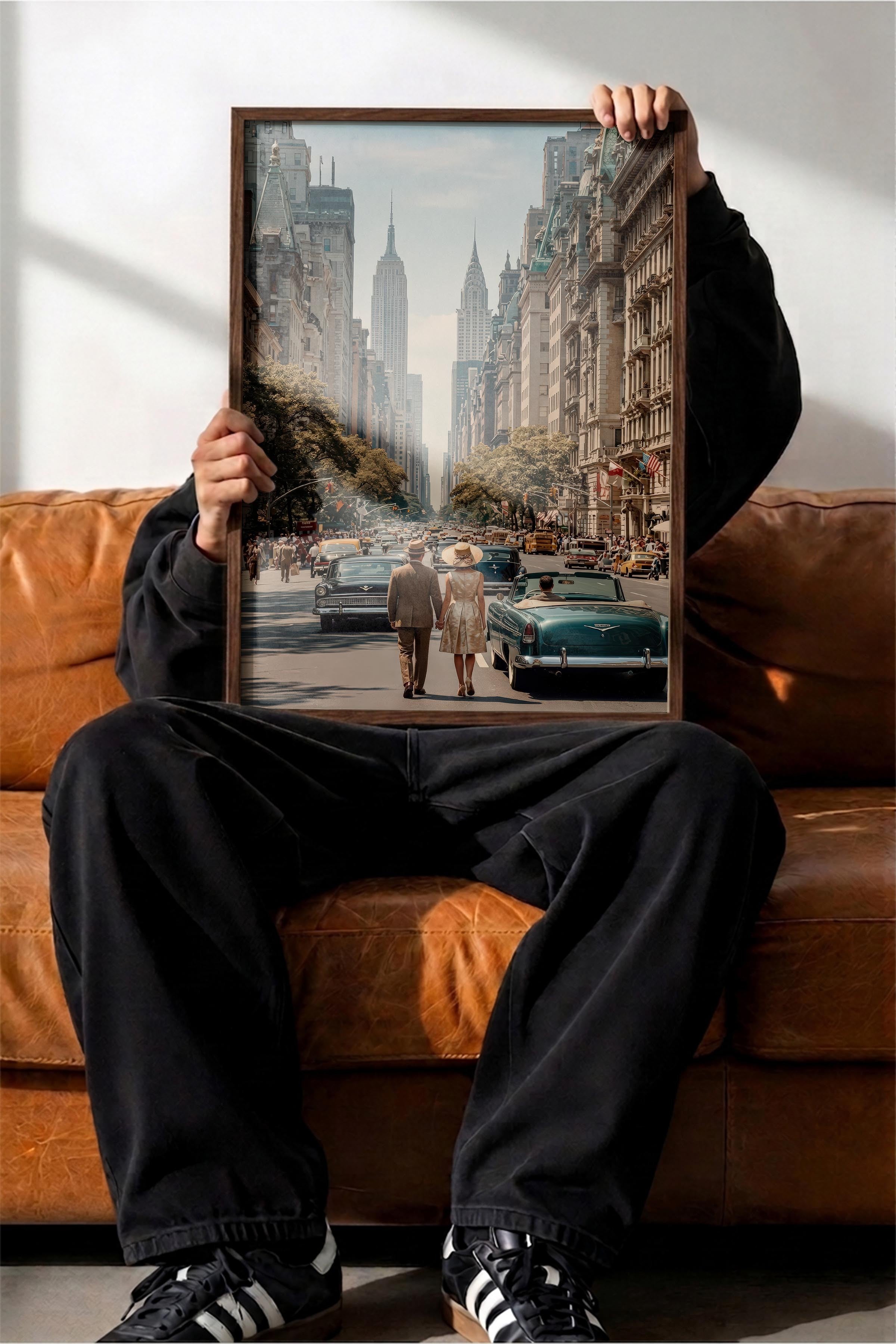 New York Şehir Manzarası Posteri, Kahverengi Çerçeveli Poster, Old Money Serisi, NO:113145