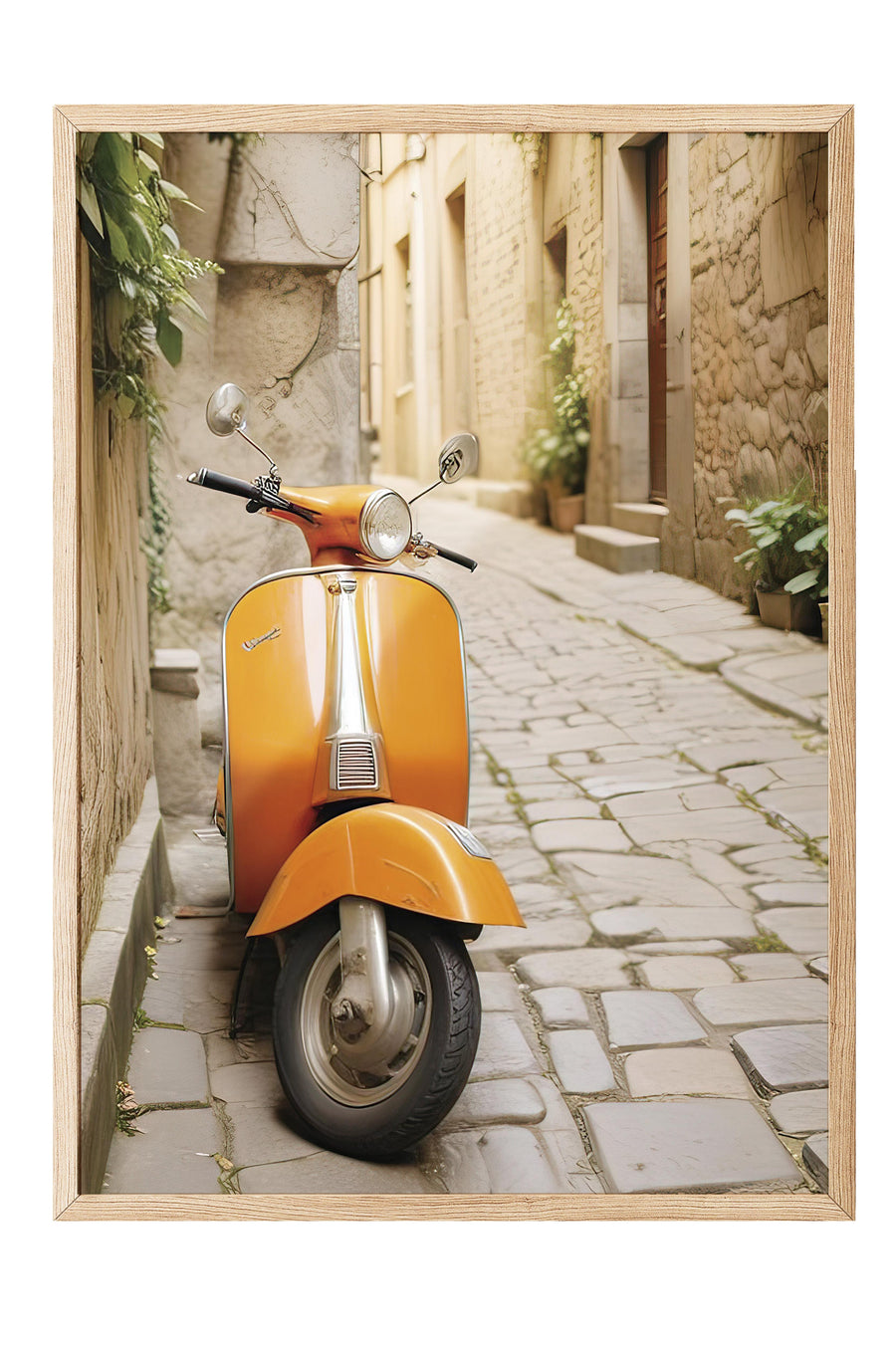 Taş Sokakta Turuncu Vespa Comfort Serisi Poster – Ahşap Çerçeveli Tablo