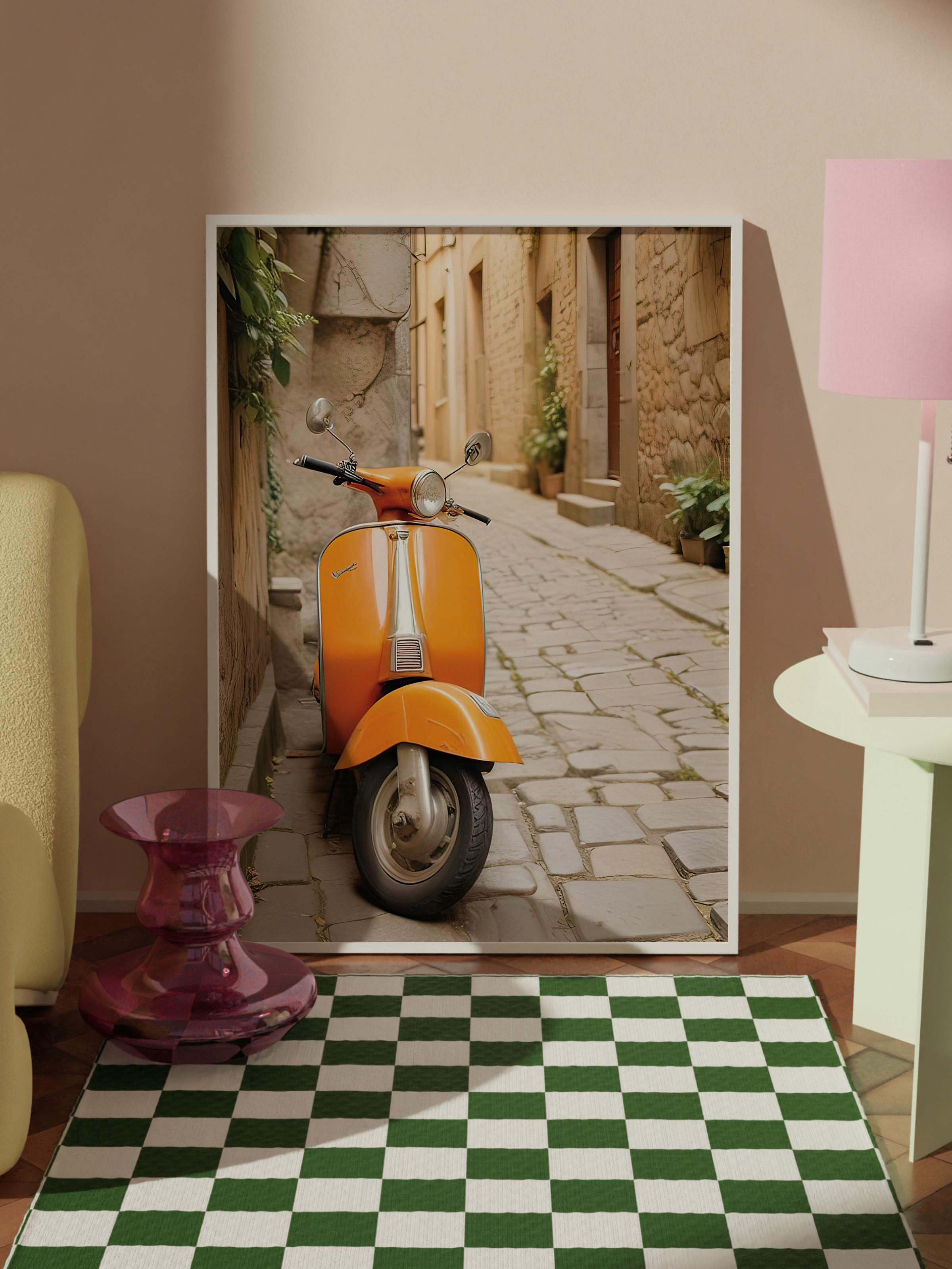 Orange Vespa Çerçeveli Tablo, Beyaz Çerçeve ve Poster, Dikey Duvar Tablosu Comfort Serisi NO:108337
