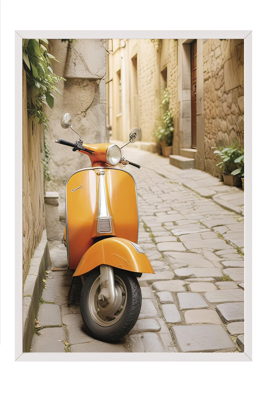 Taş Sokakta Turuncu Vespa Comfort Serisi Poster – Beyaz Çerçeveli Tablo