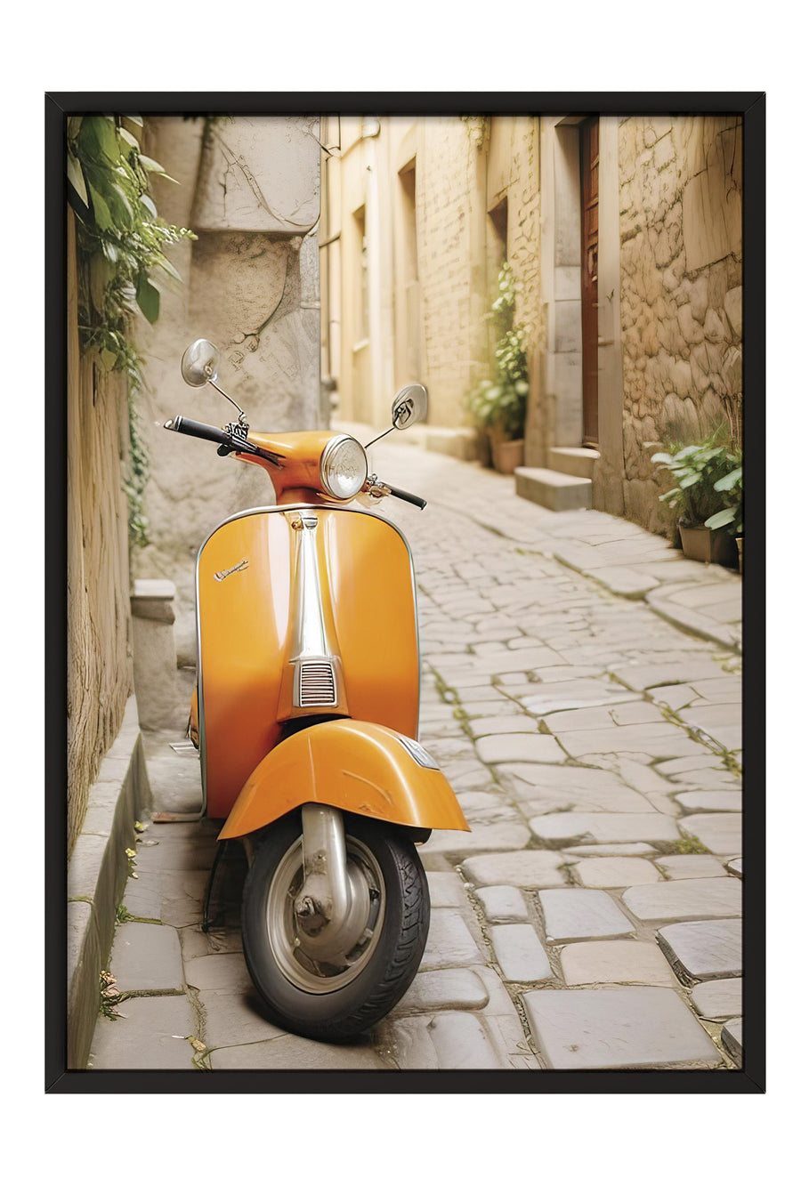 Taş Sokakta Turuncu Vespa Comfort Serisi Poster – Siyah Çerçeveli Tablo