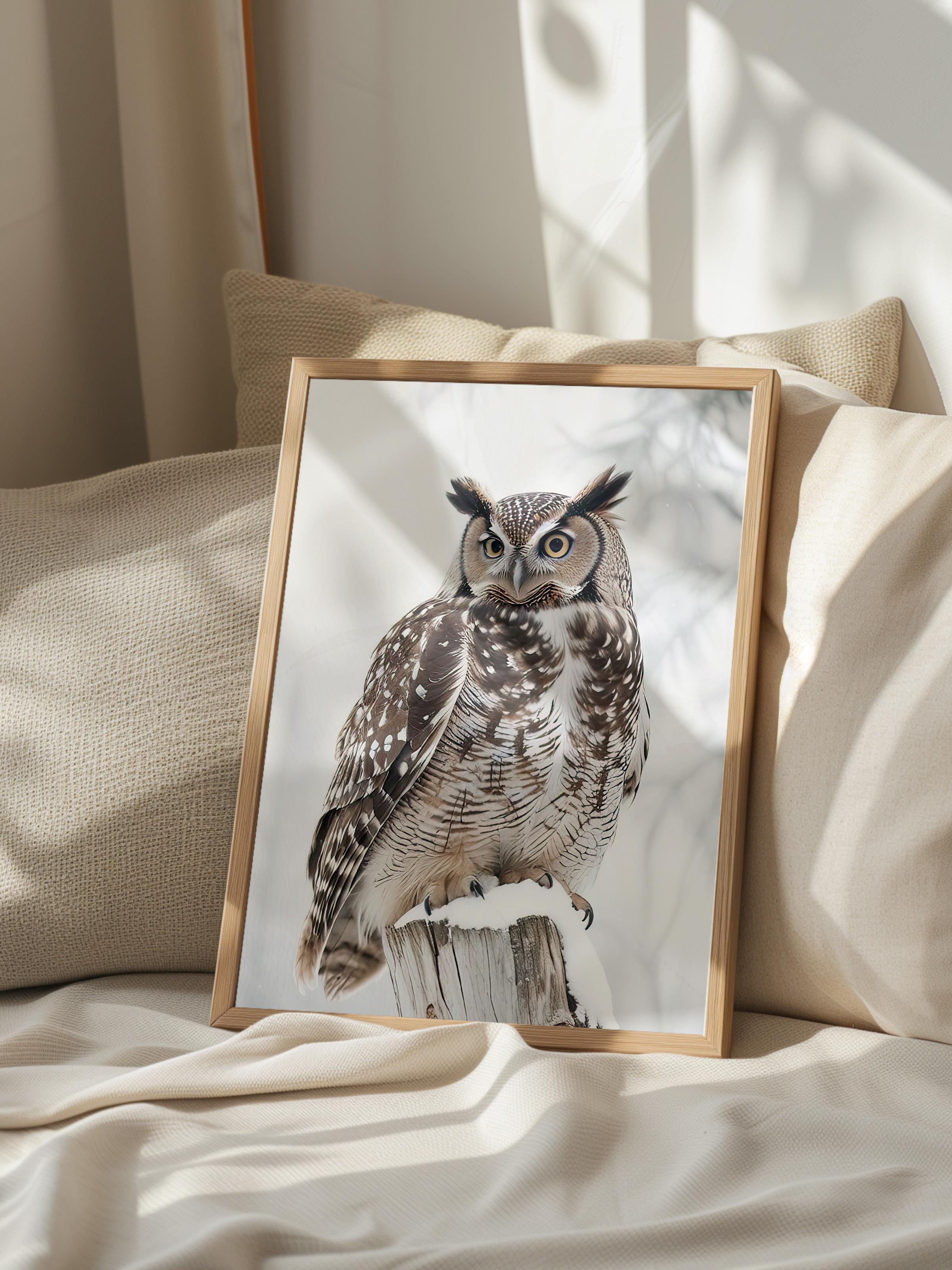 Owl in Snowfall Yılbaşı Tablo, Ahşap Çerçeve ve Poster, Duvar Tablosu Comfort Serisi NO:108413
