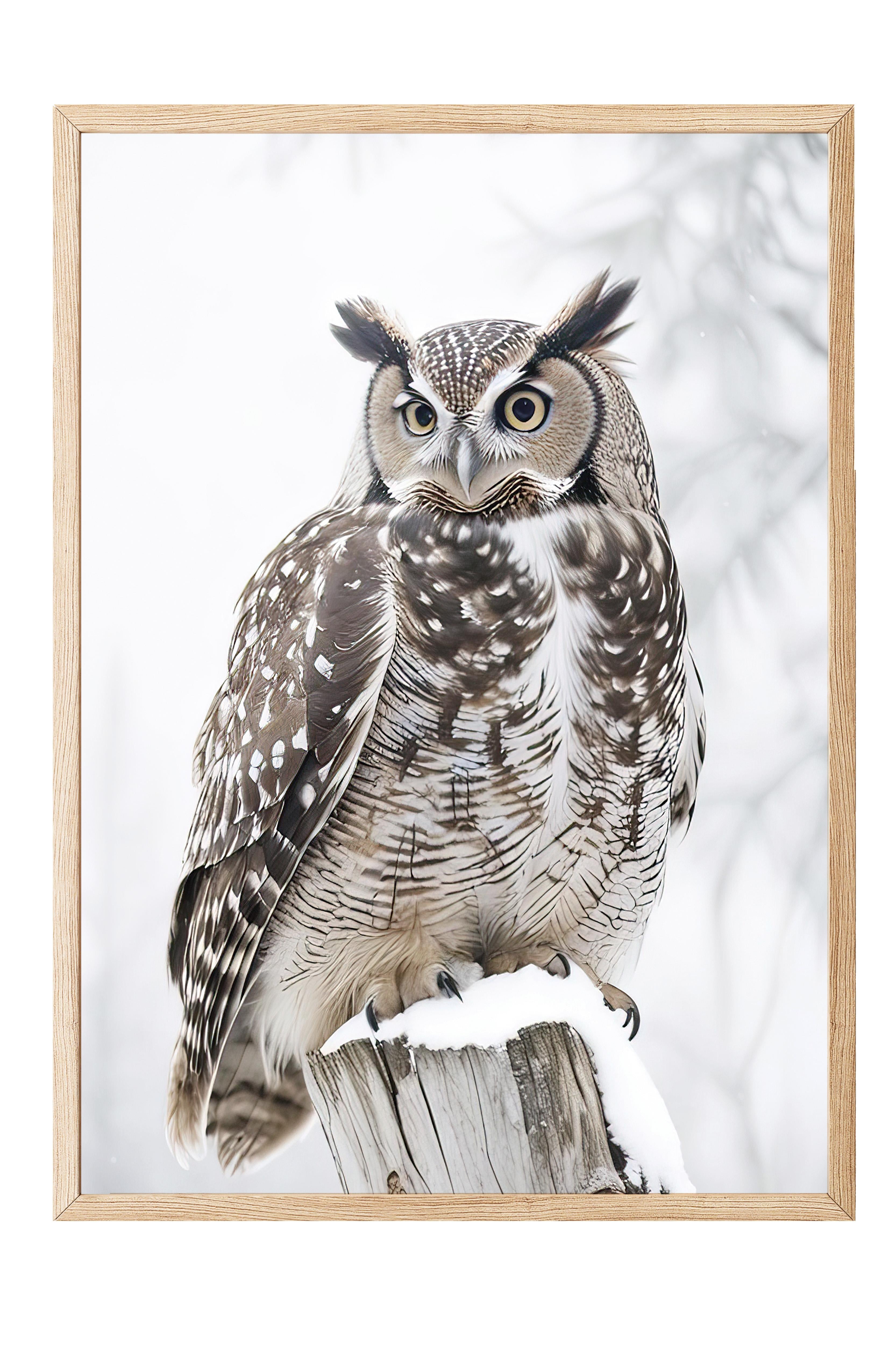 Owl in Snowfall Yılbaşı Tablo, Ahşap Çerçeve ve Poster, Duvar Tablosu Comfort Serisi NO:108413