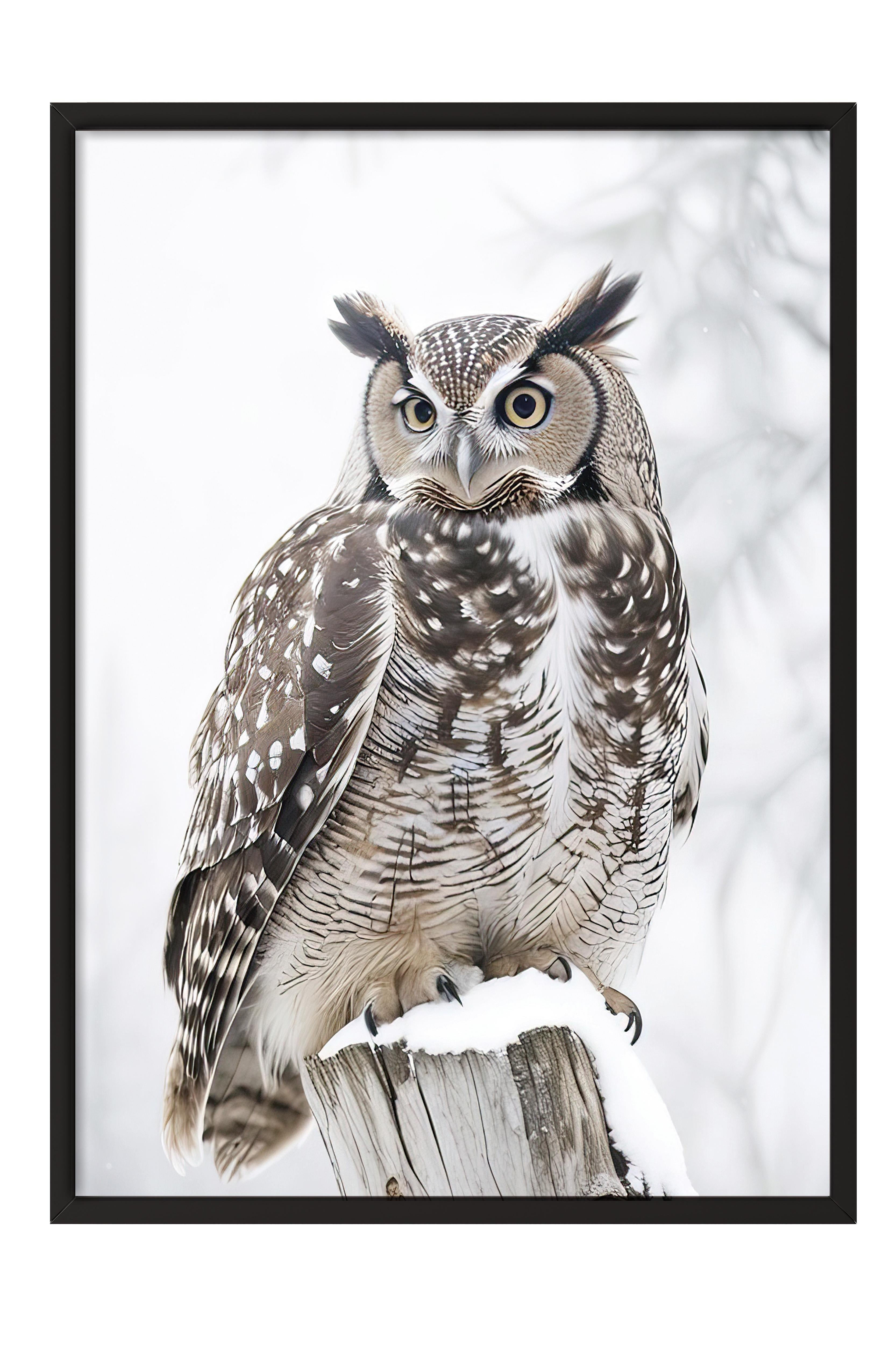 Owl in Snowfall Yılbaşı Tablo, Siyah Çerçeve ve Poster, Duvar Tablosu Comfort Serisi NO:108413