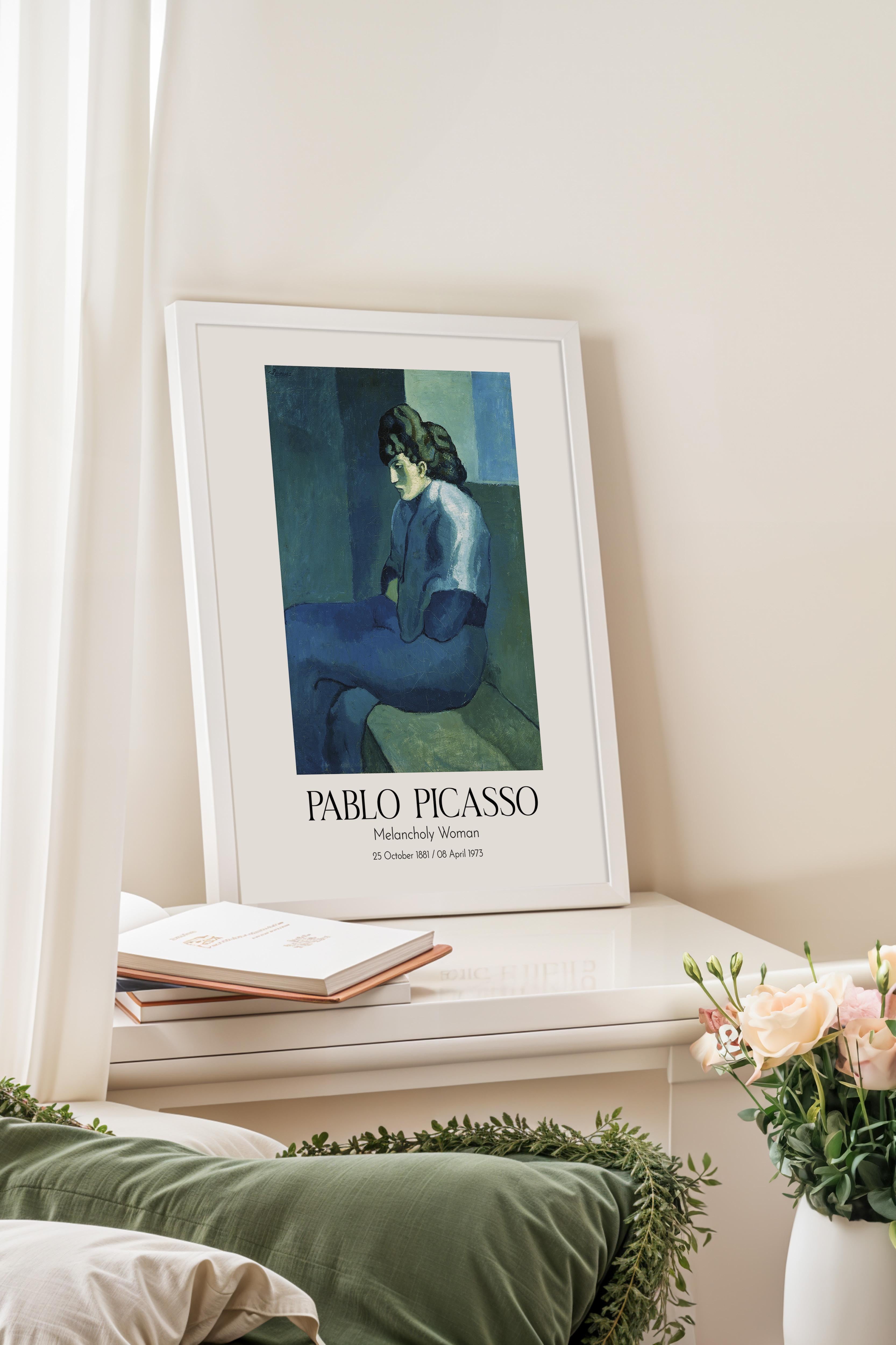 Pablo Picasso - Melancholy Woman, Beyaz Çerçeveli Tablo, Sanat Serisi NO:112498