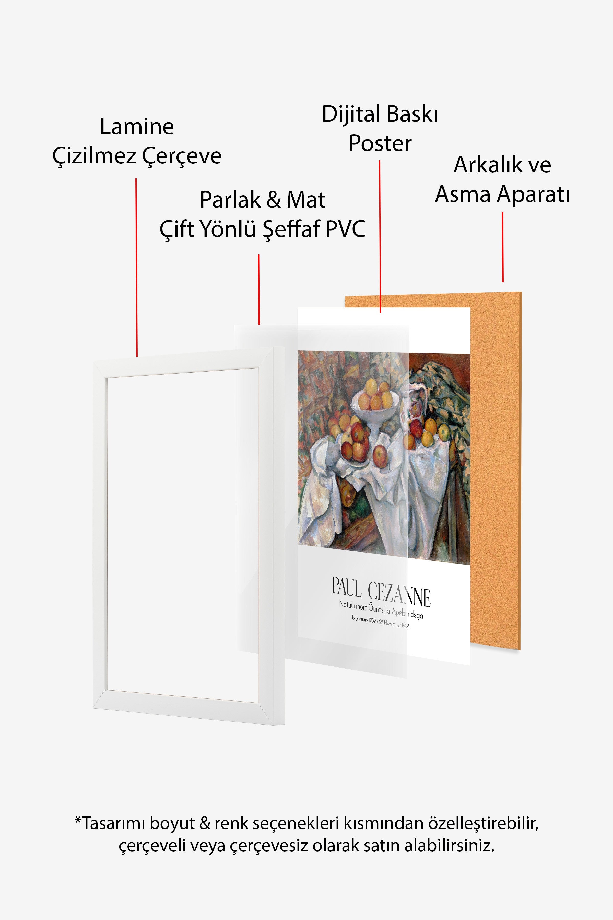 Paul Cezanne - Natüürmort Õunte Ja Apelsinidega, Beyaz Çerçeveli Tablo, Sanat Serisi NO:110464
