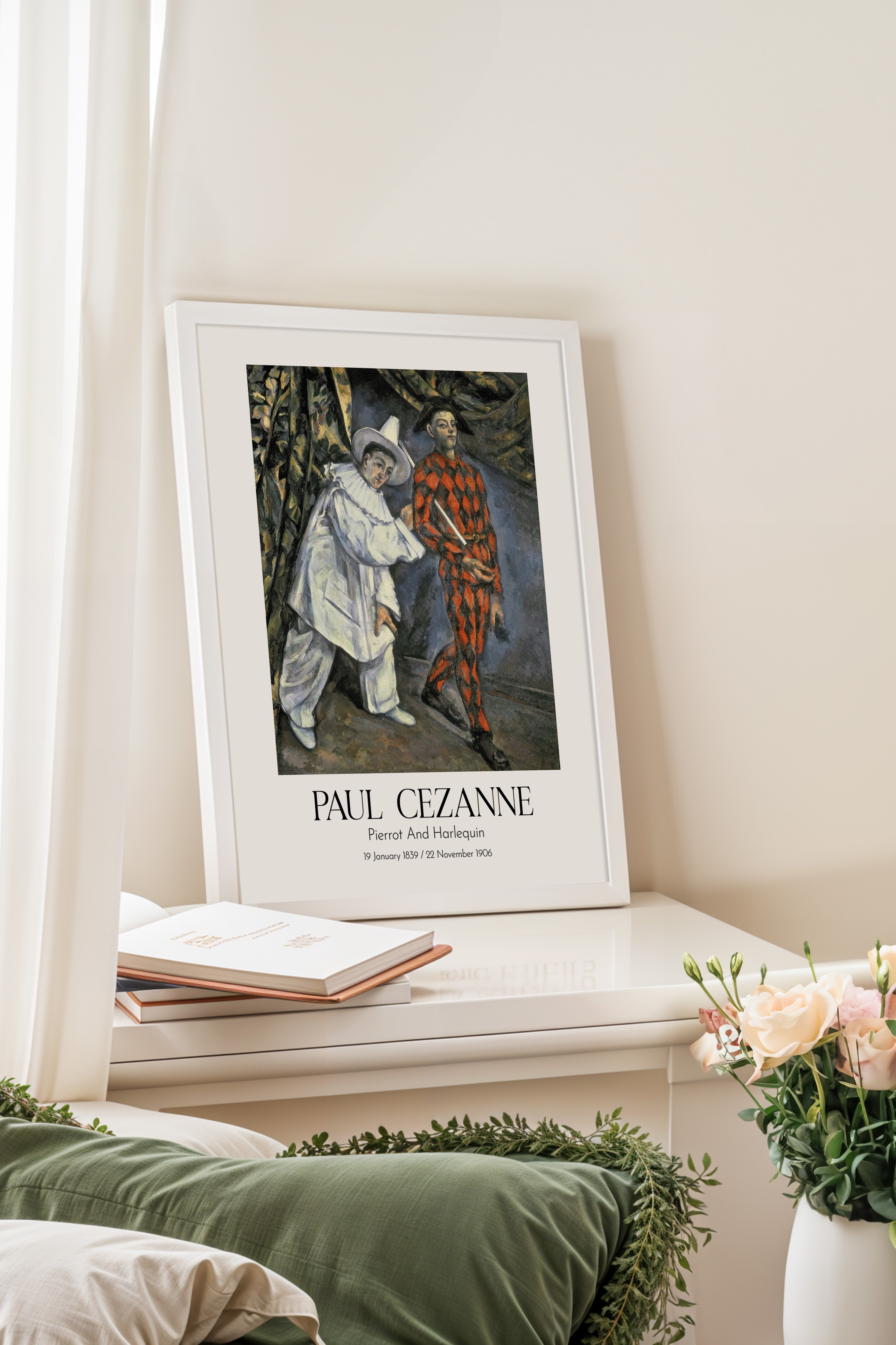 Paul Cezanne - Pierrot And Harlequin, Beyaz Çerçeveli Tablo, Sanat Serisi NO:110458