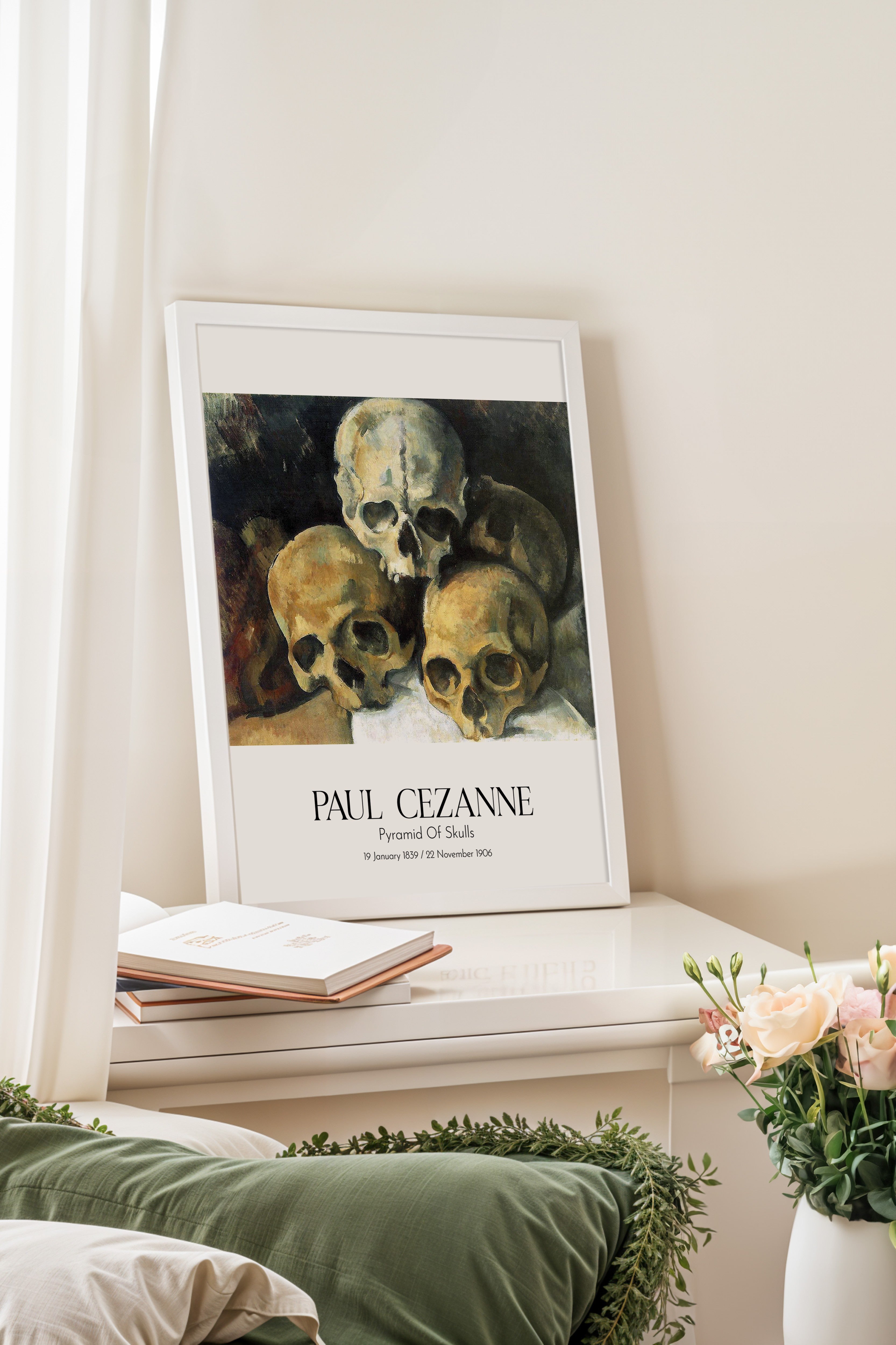 Paul Cezanne - Pyramid Of Skulls, Beyaz Çerçeveli Tablo, Sanat Serisi NO:110486