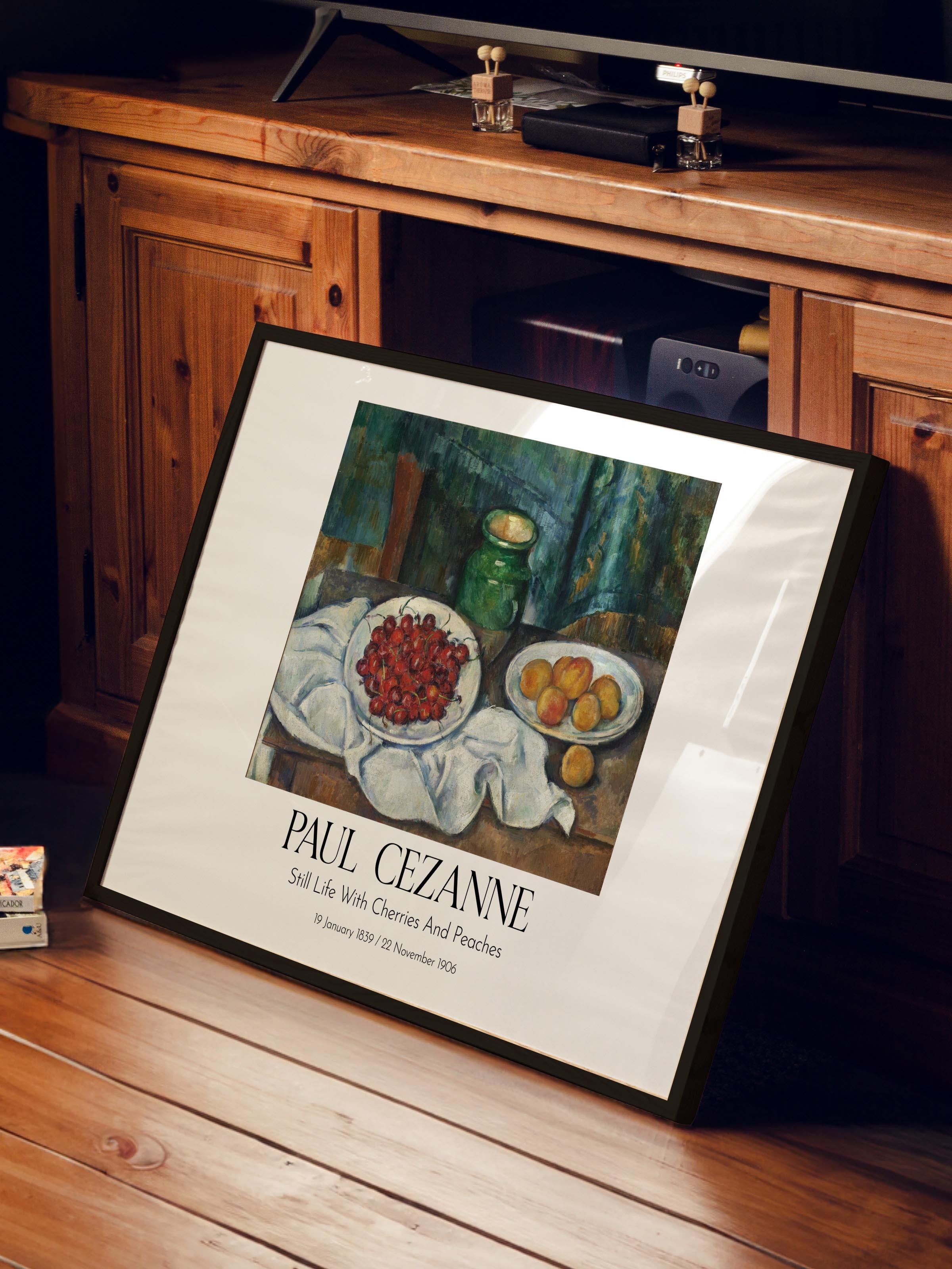Paul Cezanne - Still Life With Cherries And Peaches, Siyah Çerçeveli Tablo, Sanat Serisi NO:110492