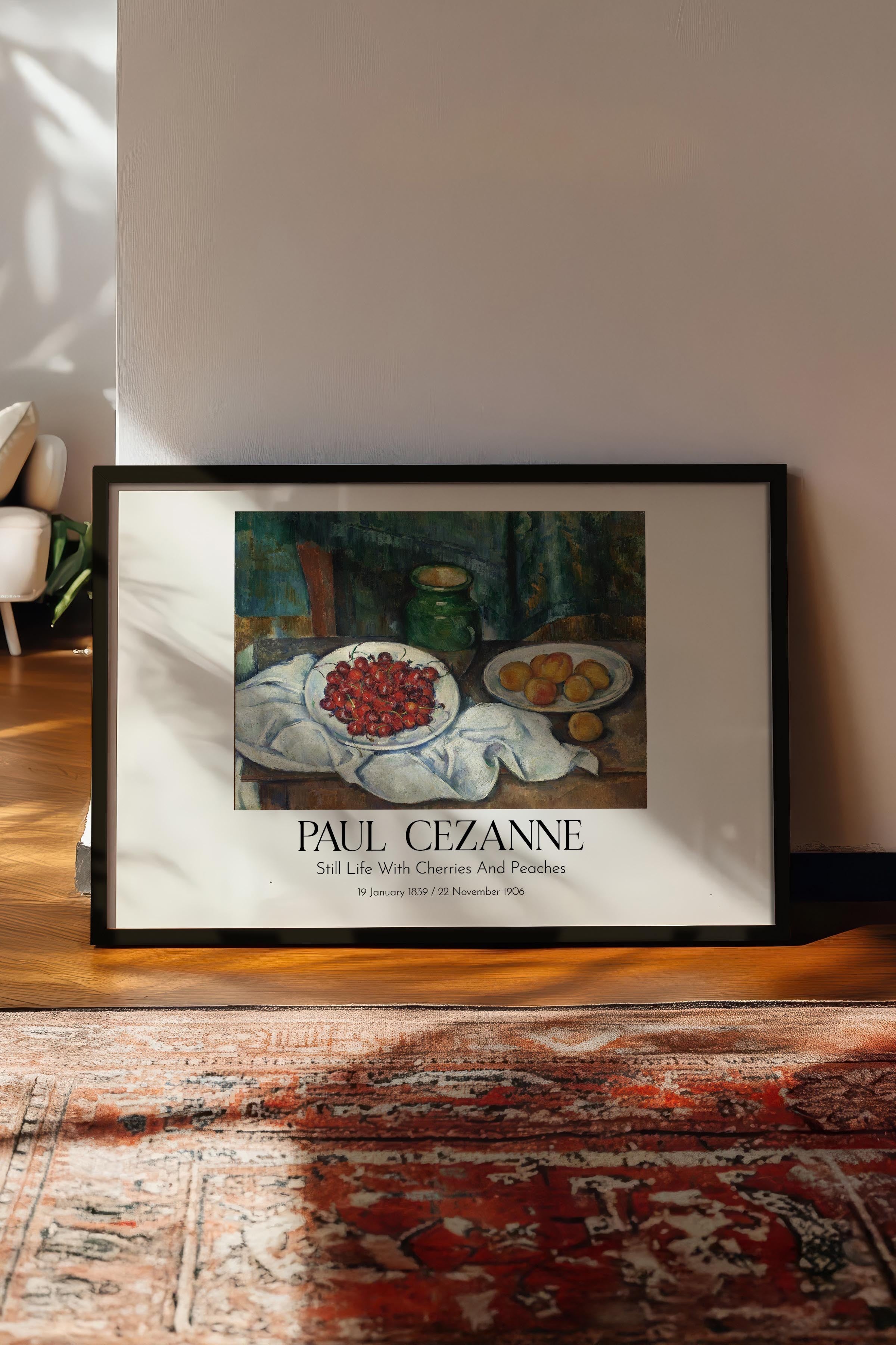 Paul Cezanne - Still Life With Cherries And Peaches, Siyah Çerçeveli Tablo, Sanat Serisi NO:110492